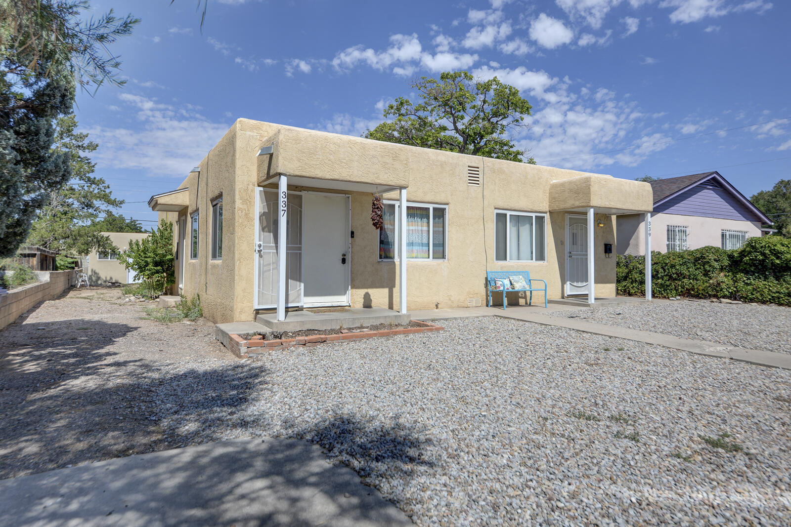 Wonderful Opportunity for savvy homeowner or investor!  Well kept Duplex in POPULAR UNM/Nob Hill Neighborhood!  These 2 bedroom 1 bath units feature hardwood floors, cove ceilings, dishwashers, individual laundry room with washer & dryer. CFA Heat, Separately metered gas and electric.  BONUS 480sf STUDIO with electricity, brick and concrete floors.  Loft type area at back of space with VERY ROUGH kitchen + bathroom areas - would need complete renovation to be functional.  Very Walkable a score of 79: A Bikers Paradise with score of 90 and a few blocks to ART!  DO NOT DISTURB TENANTS!  Offers subject to inspection. Updates Include: electrical service, TPO Roofs (7yrs), plumbing, CFA, thermal windows.