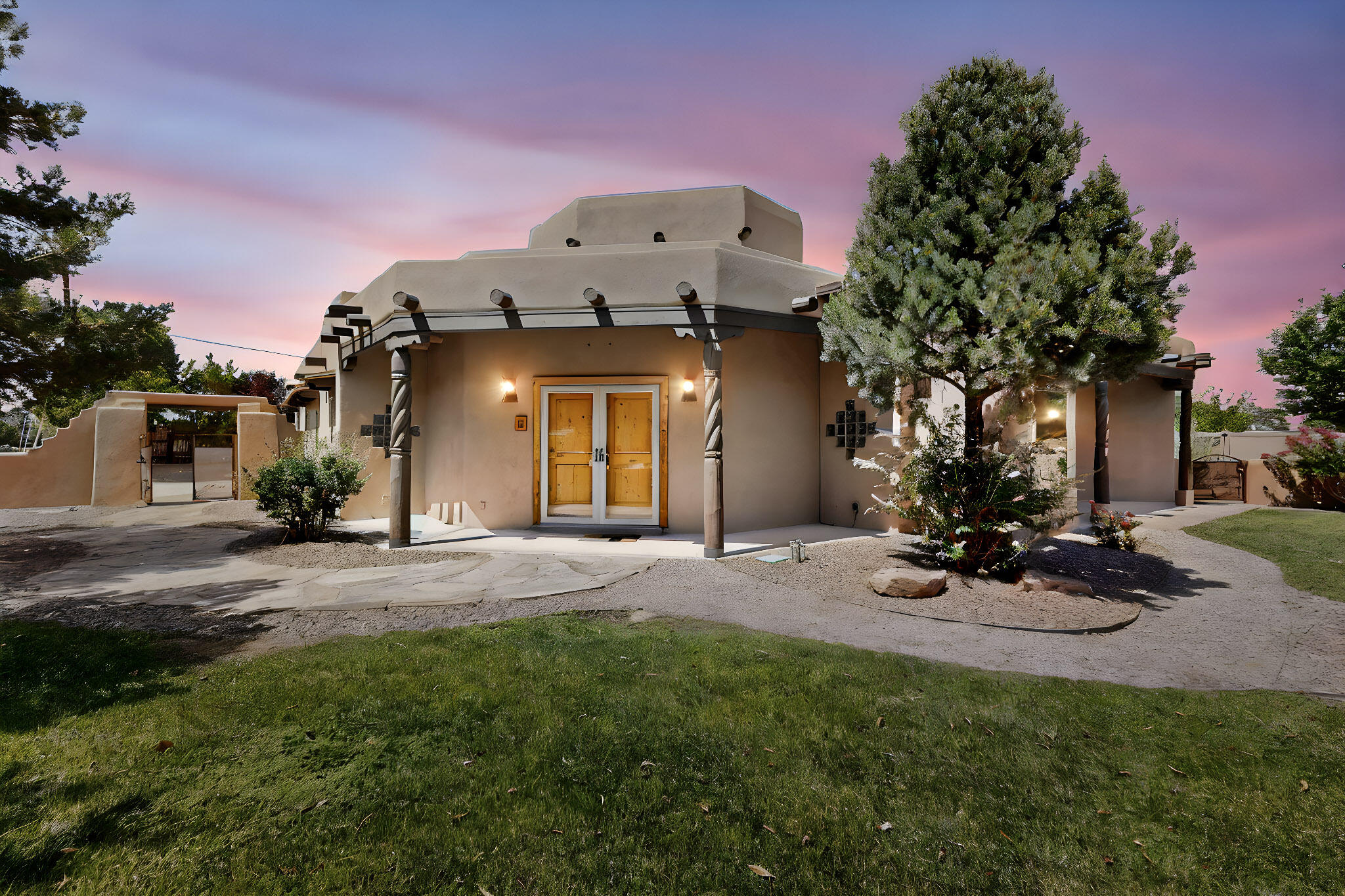Priced below appraisal for fast sale! Exceptional .75-acre horse-zoned estate with Sandia Mountain & city views, no HOA, space for casita, RV/boat. Lush gardens, blooming trees, cactus, patios, rooftop deck site possible & 12' bistro-lit ramada create an entertainer's paradise. Open SW-style design with vigas, tongue-&-groove ceilings, beams, corbels, portals & 3 resurfaced kiva fireplaces. Gourmet kitchen boasts quartz waterfall counters, stacked quartz backsplash, apron sink, skylights & solid wood cabinets. Dual luxury en suites offer jetted tubs, walk-in showers, fireplaces & outdoor access. 3-car garage w/220V, hardwood floors, custom gates, irrigation & horse-ready back acreage. Minutes to I-40, dining & shops are nearbyRare move-in ready & unforgettable.  Please click more . . .