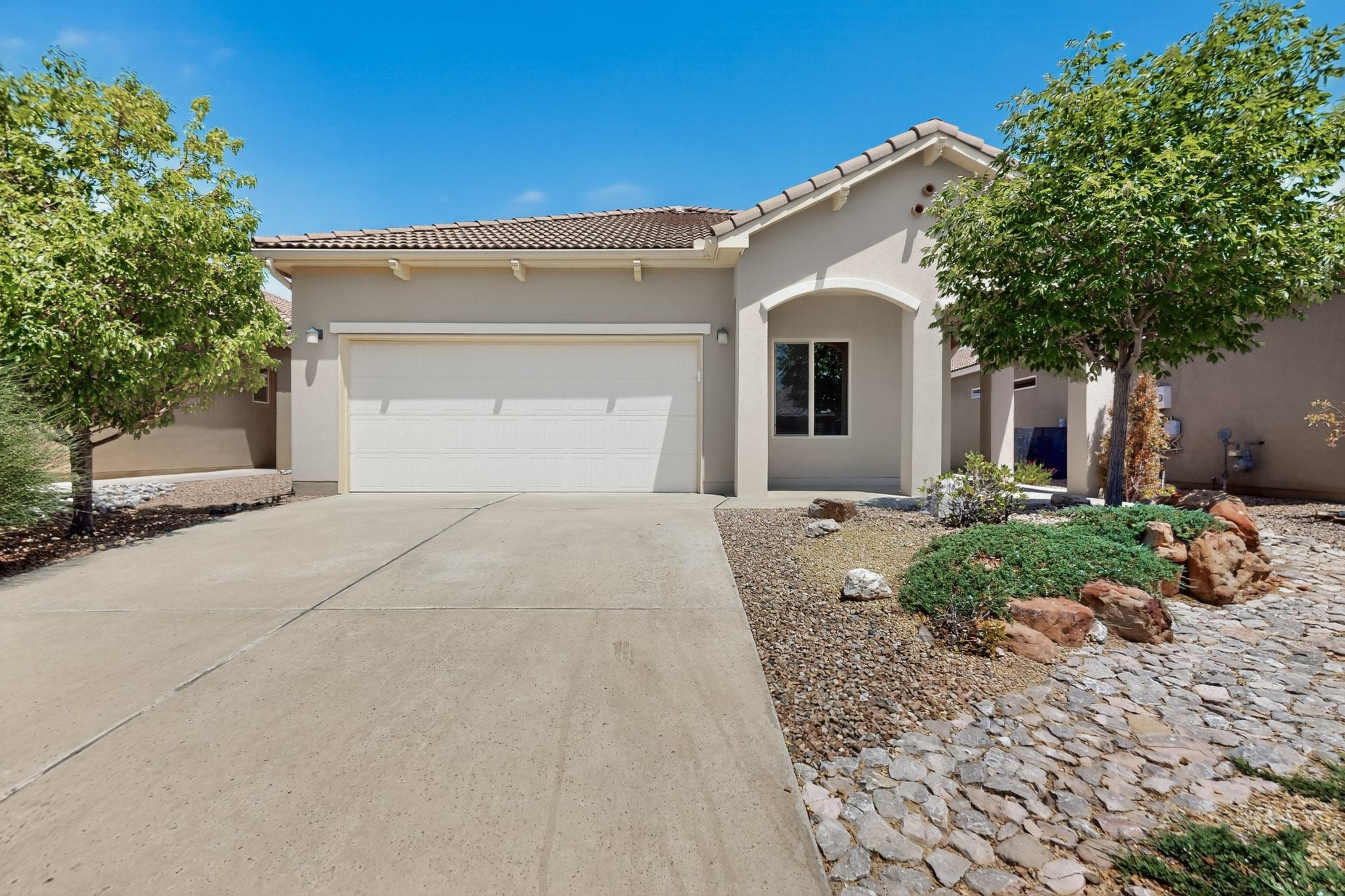 Beautiful 2-bedroom, 2-bathroom home located in Alegria by Del Webb 55+ Community. Gated neighborhood offers an upscale clubhouse w/tons of amenities: community pools, gym, meeting rooms & more. Pristinely managed grounds w/walking paths & access to Bosque walking trails. Practice your short game on the putting green, meet up with friends for ''Bocce Saturdays,'' or grill in BBQ area - lots to do just steps out your front door. Fluid floor plan offers open concept design in main living area, low maintenance living & breathtaking views of the Sandias from your backyard. Generous primary suite w/walk-in closet, ensuite w/double sinks, soaking tub & separate step-in shower. Meticulously cared for home is move in ready! Come see it today - you'll want to stay & have some fun at Alegria!