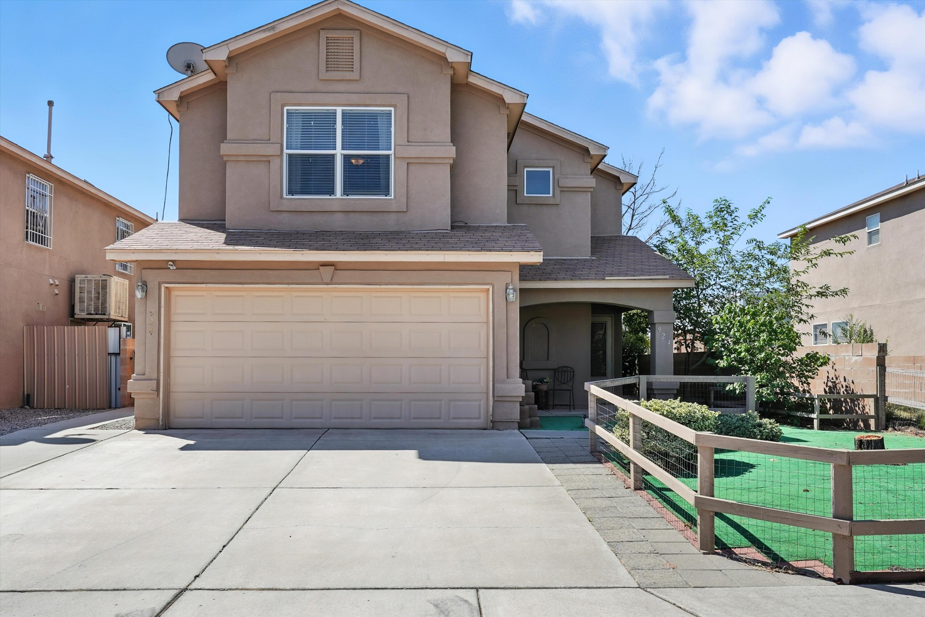 LESS THAN 5 MINUTES TO I-40! This 2 story home located in Ladera Heights has NO HOA and boasts a thoughtfully designed layout! The spacious main living room flows into the kitchen seemlessly featuring eat-in island, abundant cabinets, and an adjacent dining area, ideal for hosting. Primary suite located on main level provides convenience and privacy with its own en-suite with double vanity, walk in shower and walk in closet! Upstairs you'll find offers flexibility with 3 additional bedrooms and a large 2nd living space for work, play, or relaxation! The mix of tile, carpet, and vinyl wood-look flooring add style throughout. Step outside to a landscaped, walled backyard with turf, covered patio, and plenty of storage with 2 sheds that convey. Come enjoy  nearby access to schools and parks!