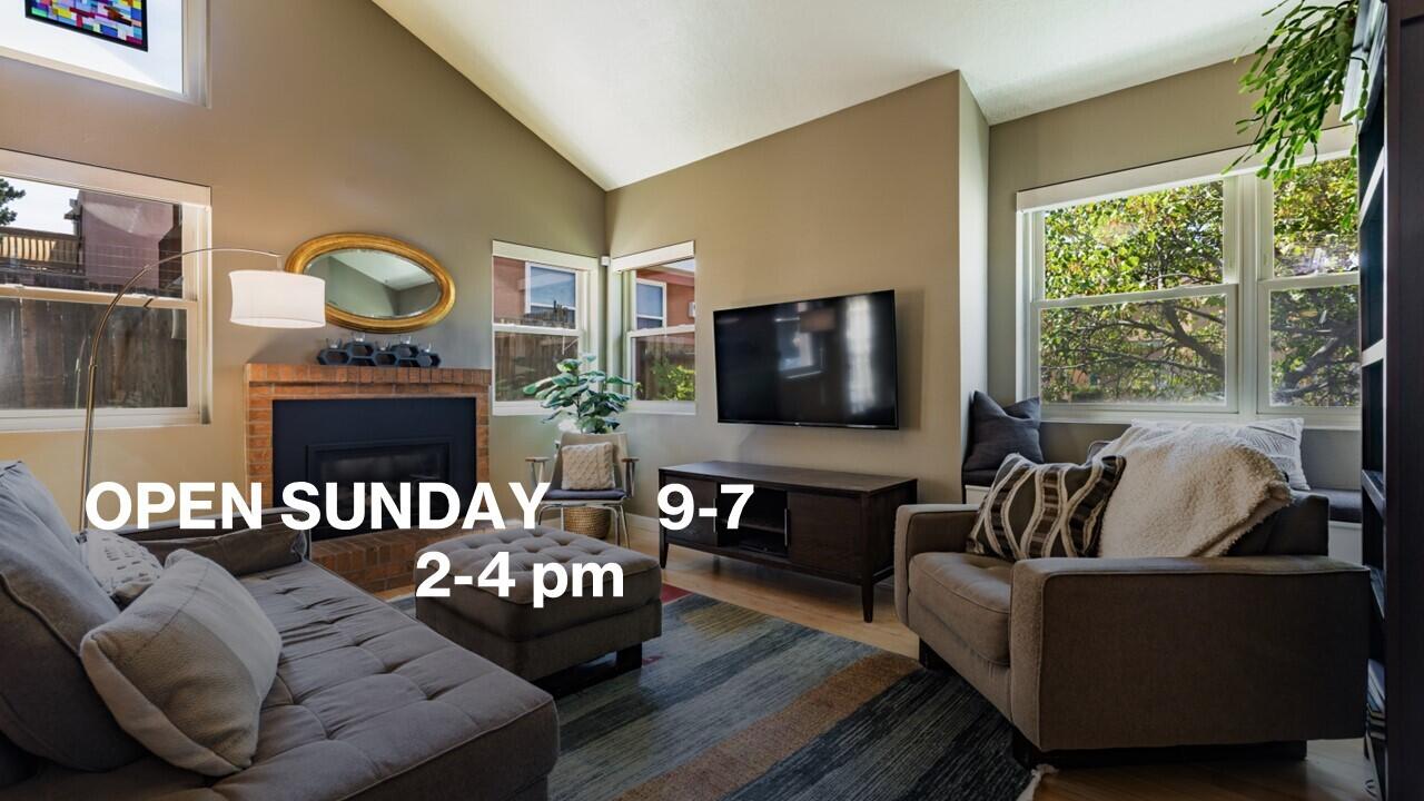 What a find! Cheerful home with tasteful updates.   Situated on a corner with lovely east & south light streaming through,enjoy a contemporary Great Room with vaulted ceilings, engineered wood floors, gas fireplace & charming window seat with storage. Kitchen with colorful backsplash features breakfast bar, gas stove, D/W, micro & fridge. Dining looks over sweet backyard and is open to Great Room & Kit. 1/2 bath on main flr w/beautiful vanity.Upstairs find pleasant primary suite with updated bath, 2 bedrooms and full hall bath. East facing rear yard with roses, grass and a ''catio' enclosed cat patio!  Additional Features include thermal windows,owned solar,car charger in garage,  2019 TPO & shingle roof,,'22 refrig air, '23 tank-less water heater,'23 water softener,'24 auto blinds.