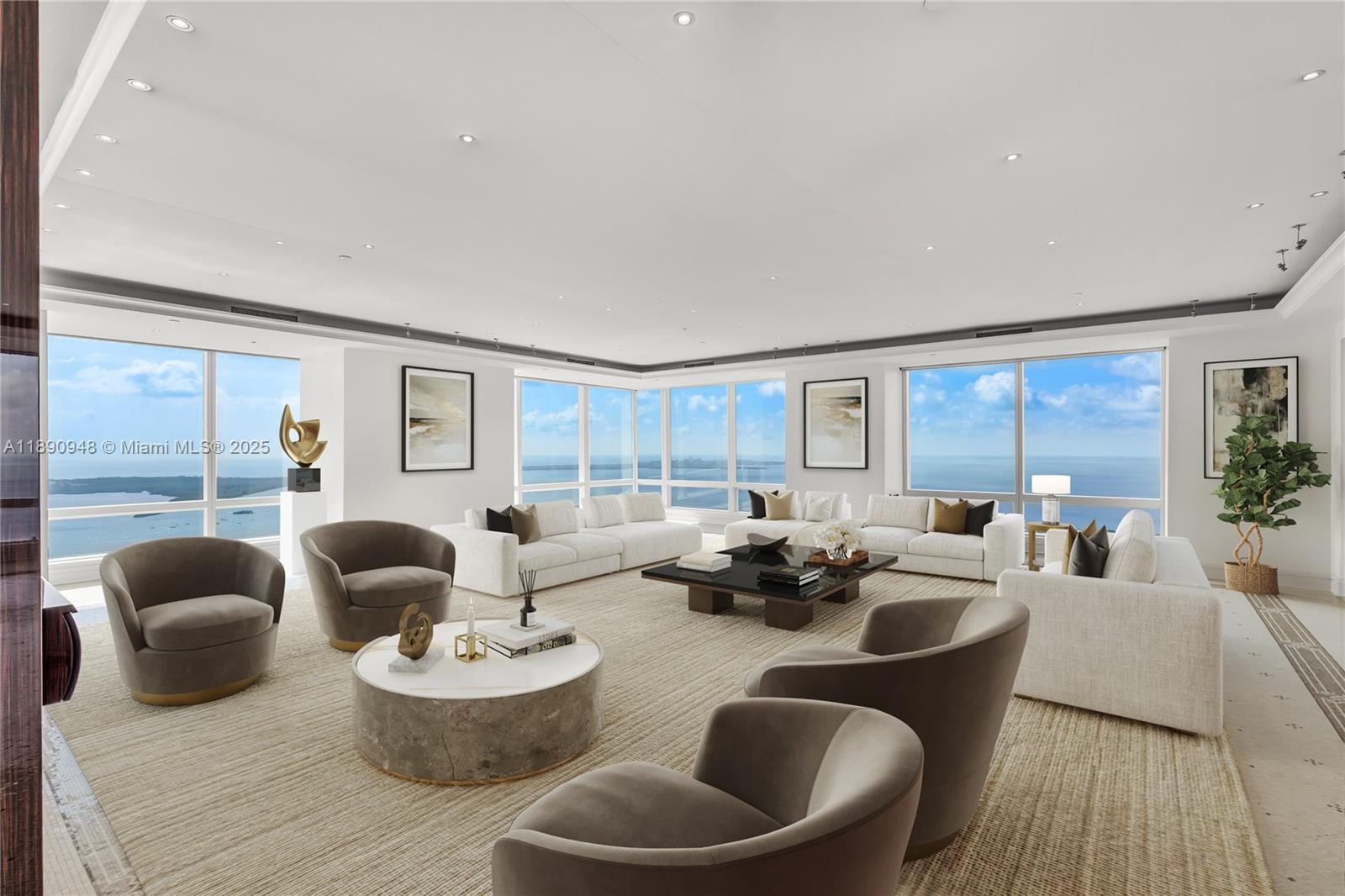 Four Seasons Residences Brickell Unit 54DEF offers 8185sf of refined living at Miami’s most prestigious address. Three residences have been seamlessly combined into one breathtaking residence in the sky with soaring ceilings, Italian hand-laid mosaic floors, floor-to-ceiling windows framing unobstructed views of Biscayne Bay, the ocean and the Miami skyline. Two private elevators open to a beautiful foyer, expansive living/dining areas, chef's kitchen, 2nd eat-in kitchen and staff quarters. A grand primary suite w/his & her bathrooms, the two private guest suites, wine cellar, theatre and office/library. Exceptional Four Seasons service defined by elegance, privacy, and exclusivity with world-class amenities including Equinox gym, resort pools, fine dining, plus 5 assigned parking spaces.
