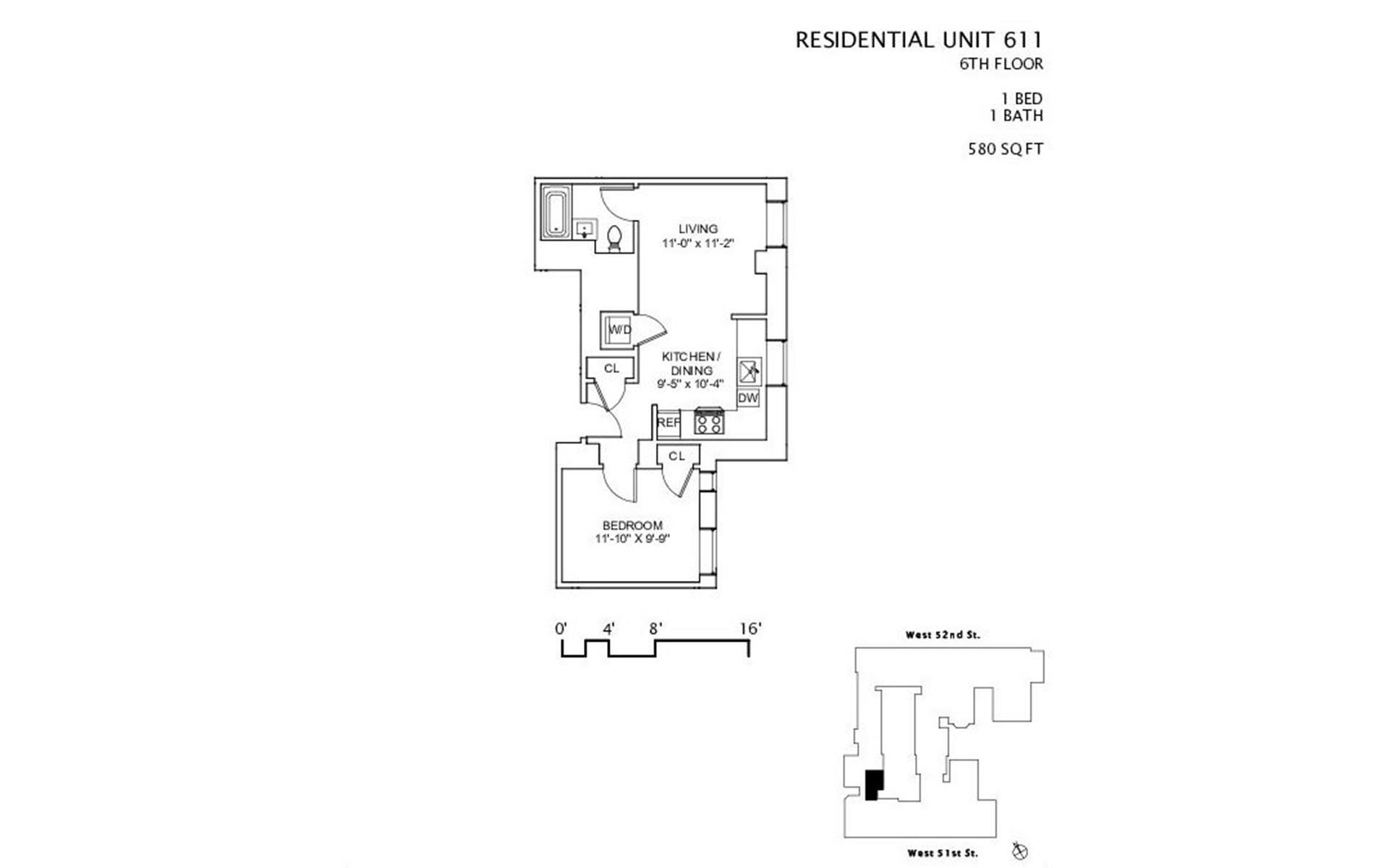 Floorplan for 416 West 52nd Street, 611