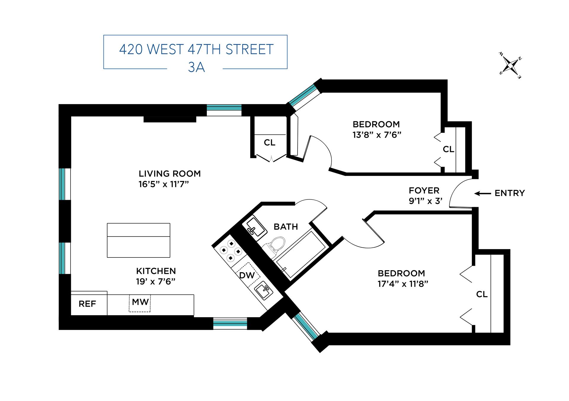 Floorplan for 420 West 47th Street, 3A