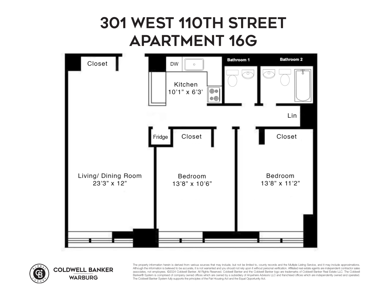 Floorplan for 301 West 110th Street, 16G