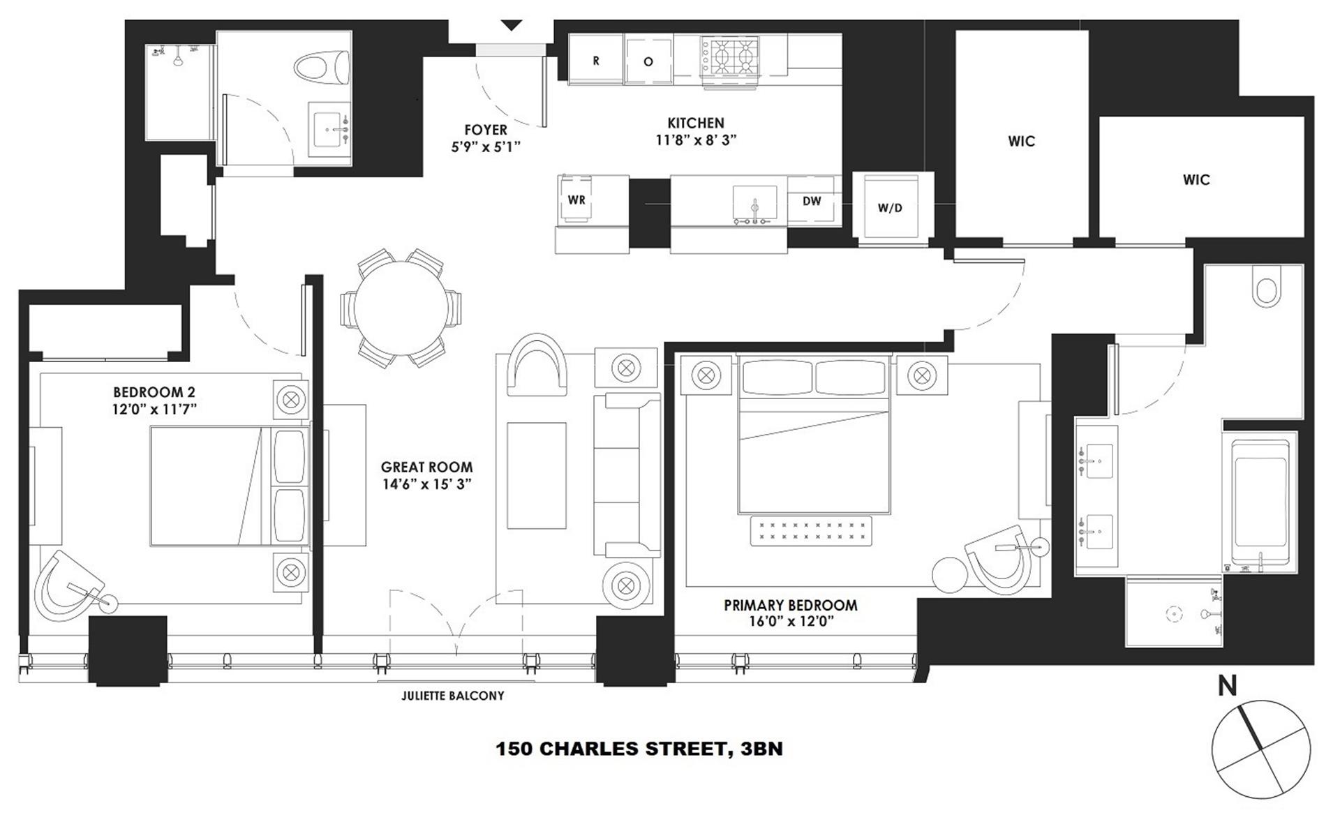 Floorplan for 150 Charles Street, 3BN