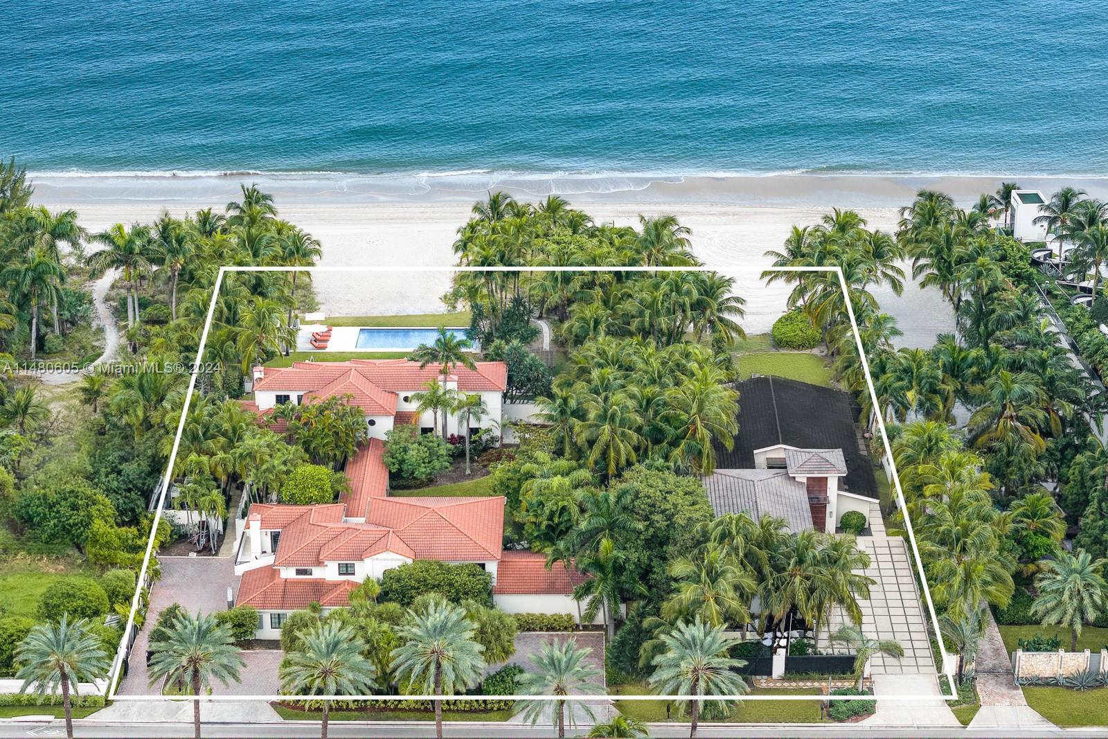 Step Inside With Me! A beachfront compound on the sands of prestigious Golden Beach. This magnificent property is comprised of a main house, guest house & secondary residence. Positioned along 207 FT of linear ocean frontage, it spans a total of 3 structures, 10 beds & 18 baths for a total of 13,323 SF interiors. Numerous hosting areas include an ocean-facing salon & grand dining room, multiple contemporary kitchens, a fireplace lounge, gym & game room. The primary offers a sitting room, luxurious bath + walk-in closet, and terrace with sunrise & sea breezes. The 60,486 SF of grounds feature a resort style pool, outdoor dining & lounge seating, cabana baths and lush greenspace. Golden Beach is renowned for 1.8 miles of private beaches, its own police force, beach pavilion & tennis courts.