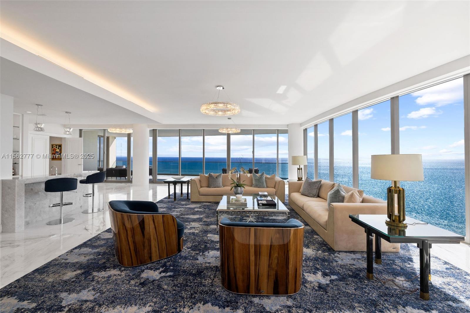 The TS3405/07 custom one-of-a-kind unit is a masterpiece of opulence on the 34th floor of the ultraluxurious & secure Estates at Acqualina in Sunny Isles Beach with endless ocean views. Boasting 7 generously appointed bedrooms & 9.5 lavishly designed onyx & marble bathrooms, meticulously crafted to cater to those who seek the pinnacle of coastal oceanfront living in a floor plan designed to ensure utmost privacy & comfort. Primary Suite encompasses the bedroom, substantial bathroom inc 2 showers, 2 lavatories, dry sauna, her closet w ocean views, his closet, sound-insulated music room & an office, both opening onto large ocean-front-facing terrace. Bonus rooms are a media room and an exercise room which can also be utilized as a play room. A must see and easy to show.