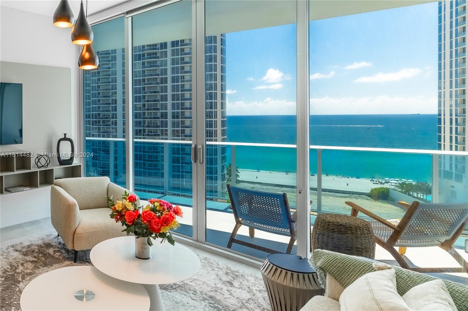 In Sunny Isles Beach also known as Florida’s Riviera with it's crystal clear ocean and sandy beaches,  this gorgeous designer furnished 2 bedroom + den / 2.5 bath brand new home is available for seasonal or long term rental. Enjoy watching sunrise from your oversized balcony accessible from every room, or relax inside, and marvel at the captivating 180° views of Sunny Isles skyline and the turquoise Atlantic Ocean. Private elevator leads to the hallway of this beautiful condo featuring large built in closets, high end appliances fully stocked kitchen, shades & blackouts to ensure your privacy. Resort style amenities, with a spectacular pool, security, kids room, gym, business center, 24 hour front desk. Minimum rental 31 days. Call for seasonal price and availability.