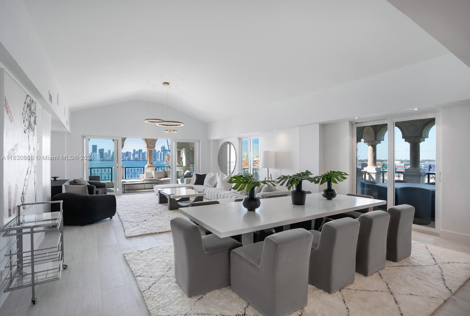 Magnificent Bayview corner unit at private Fisher Island. Beautiful, newly renovated and furnished residence
featuring 3bed/3.5baths, state-of-the-art chef's kitchen with top-of-the-line appliances and adjacent breakfast
area, wrap around terraces and much more. Exquisite stone and marble used through out. Only unit with extra
high vaulted ceilings. Unobstructed direct bay and Downtown skyline views. Perfect to entertain and watch the
sunset. Live the Fisher Island lifestyle in an exceptional unit.