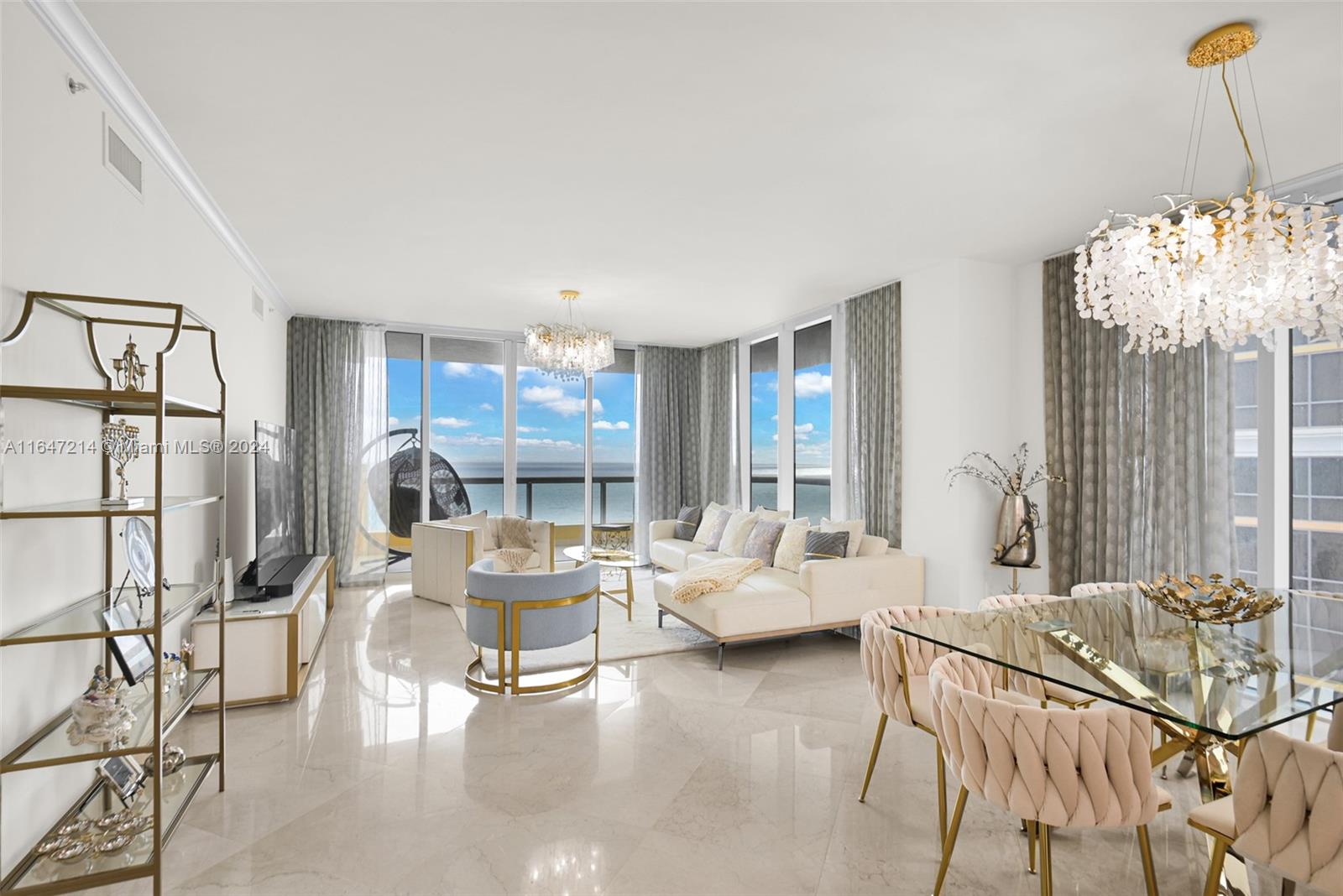 Welcome home to this magnificent luxury residence at Acqualina residences in Sunny Isles. Panoramic southeastern ocean and western views, encompassing the Intracoastal, bay, and Miami skyline, await you. This spacious 4-bedroom, 4-bathroom home spans 2,736 square feet and features a private foyer. Unit is remodeled with high-end finishes, custom-made closets, and top-of-the-line appliances throughout, this residence exudes luxury. Enjoy glorious panoramic sunrise and sunset views from two terraces. Amenities include a luxurious resort-style spa, four pools, a fitness center, three restaurants, beach service, and 24-hour concierge. Unit is rented from January 15, 2025, to April 20, 2025, for $75K. The buyer will be required to honor the lease.