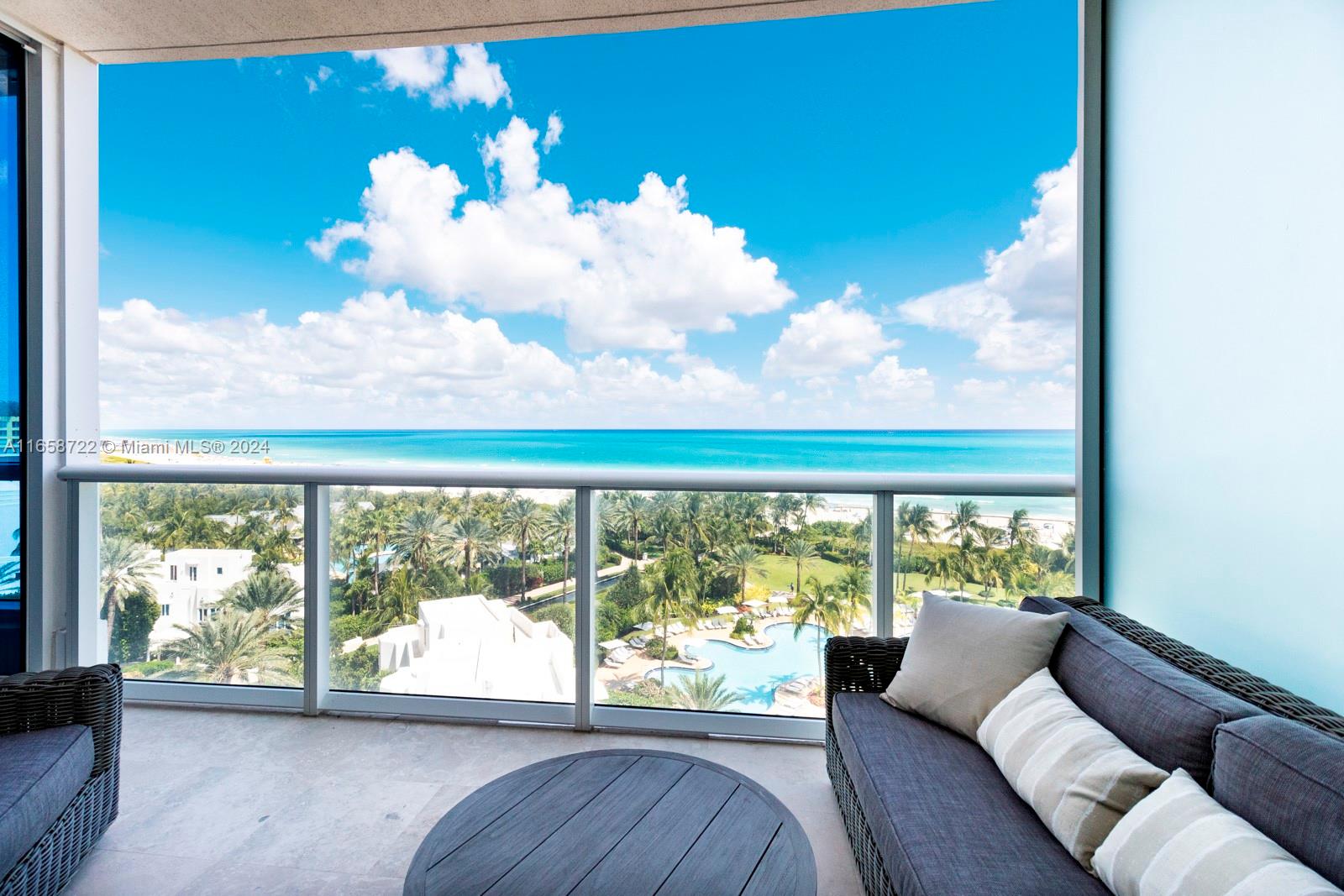 Dreamy views from this direct ocean unit with 2 bedrooms, 2 full bath and guest bath. Private elevator foyer, marble floors, and Miele appliances. Continuum of South Beach is a full luxury Resort style, ocean front condominium with 13 acres of lush landscape, 2 lagoon shaded pools, lap pool, beach service, 3 clay tennis courts with pro-shop, ocean side private restaurant, gym/spa, concierge, valet and security.