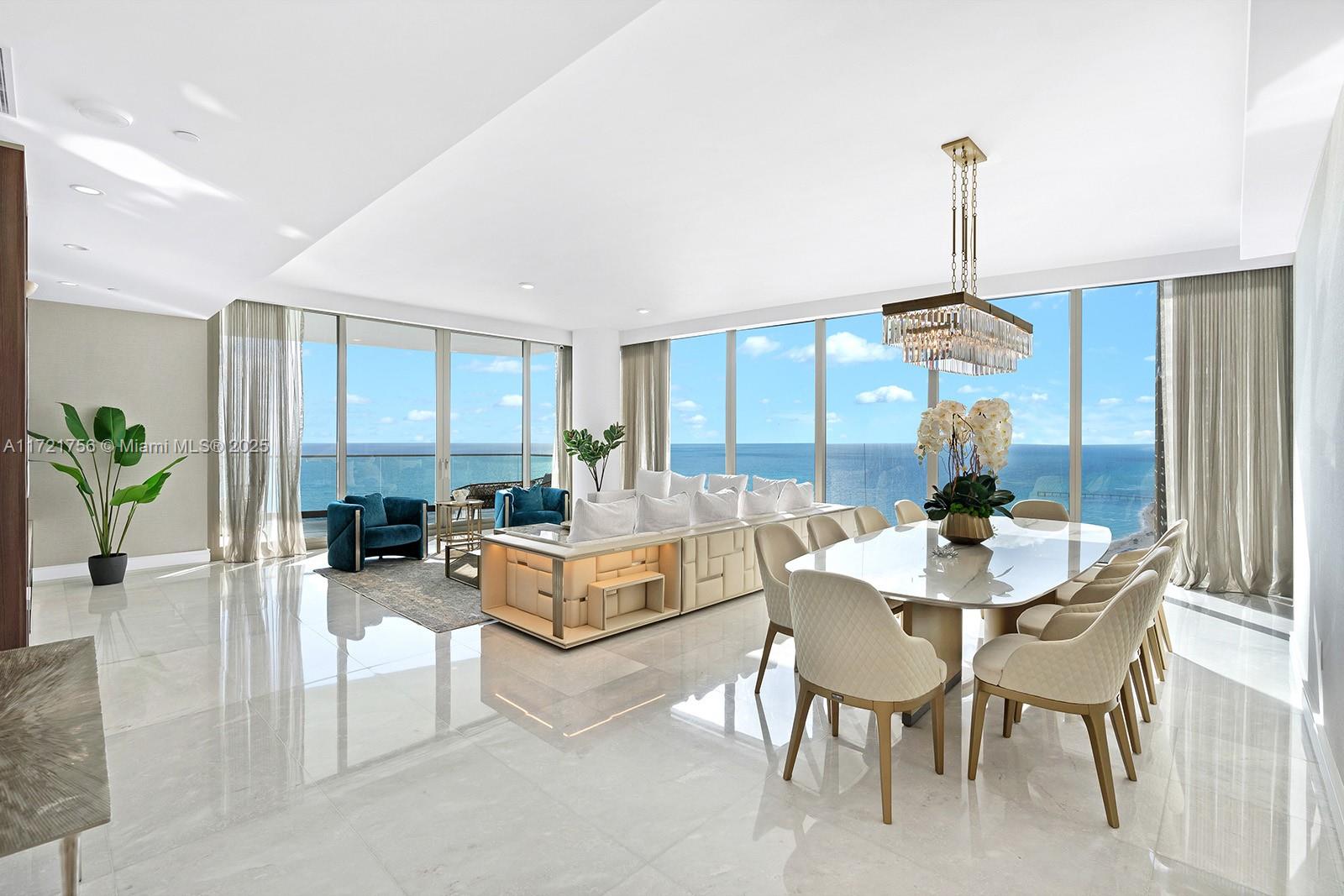 Discover 3,803 sq. ft. of luxury in this oceanfront Donatello fully furnished residence featuring 5 bedrooms, 7.5 bathrooms, and a service room with a full bath. The spacious great room and family room provide ample living space, while two terraces offer breathtaking ocean and Intracoastal views. The kitchen is equipped with top-of-the-line Miele appliances and a Le Cornue gas stove. Smart home technology includes electric shades and blackouts throughout. The master suite features his-and-hers bathrooms adorned with luxurious onyx finishes and custom-designed closets throughout the residence. The Estates at Acqualina offers world-class amenities, including an ice-skating rink, bowling alley, theater, Avra restaurant, racing simulator, and much more.