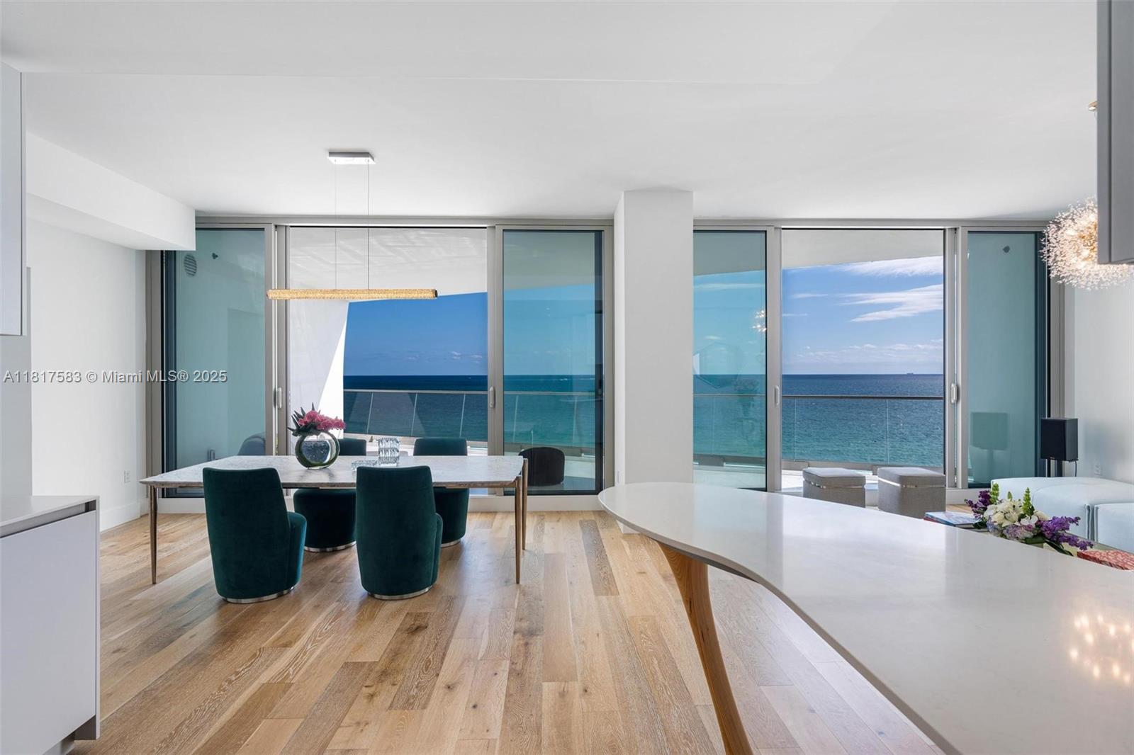 Yacht in the Sky. A rare 50 feet of oceanfront spans your 550 sq ft private terrace, paired with 30 feet of double-wide panoramic views from the sun-filled living, dining, and kitchen areas. Wake to Atlantic sunrises and unwind with skyline sunsets—this is one of Sunny Isles Beach’s most coveted floor plans in an award-winning luxury tower above rolling waves and white sands. In-house restaurant service delivers to your dining table and beach chair. With top walkability and access to boutiques and fine dining, this residence defines ease and coastal sophistication. Enjoy ocean-view gym, two heated pools, hot tubs, lounges, poker room, kids’ spaces, and daily breakfast. Impeccably furnished with Fendi Casa, Artefacto, silk carpets, curated art, NAD audio, and 86” & 77” OLED TVs.