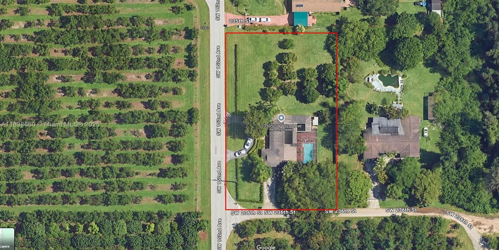 An expansive (80% acre) yet quiet and serene estate-style living in Miami-Dade county! This 4-bed, 2-bath (currently utilizing a bedroom as a converted giant walk-in closet, easily restorable) on a corner lot boasts a beautiful Patio with a screened pool, A Cabana bathroom, Two car garage with side entrance, and white picket porch with a homely garden. Inside, the primary boasts dual walk-ins, a spa-like his-and-hers bathroom with a jetted Roman Tub, and French Door access to a pool and grove. The interior boasts Vaulted Cedar Wood ceilings and a massive 250 SF white chef's kitchen. 1/2 of an acre is dedicated to a fruit tree grove with its own private irrigation system complete with custom, separate pumps supplied by well water. This is truly an estate, right in the Redlands.