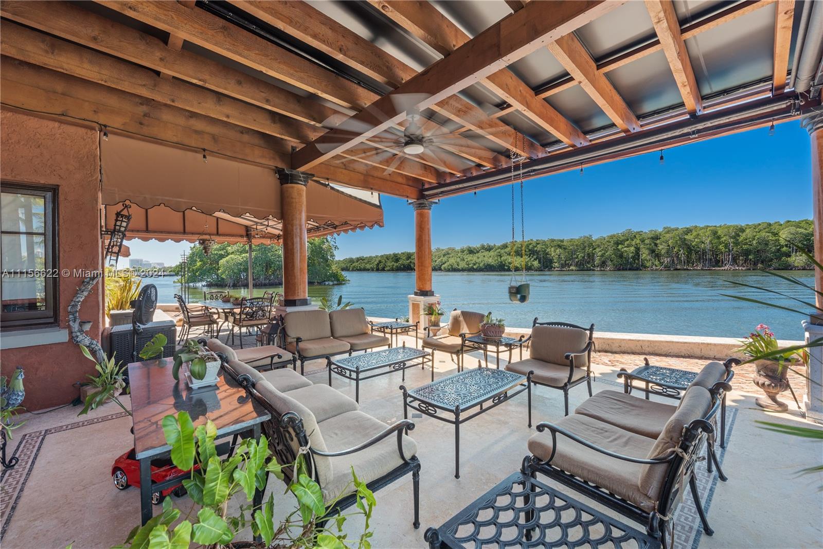 Covered patio with unique views of State Park