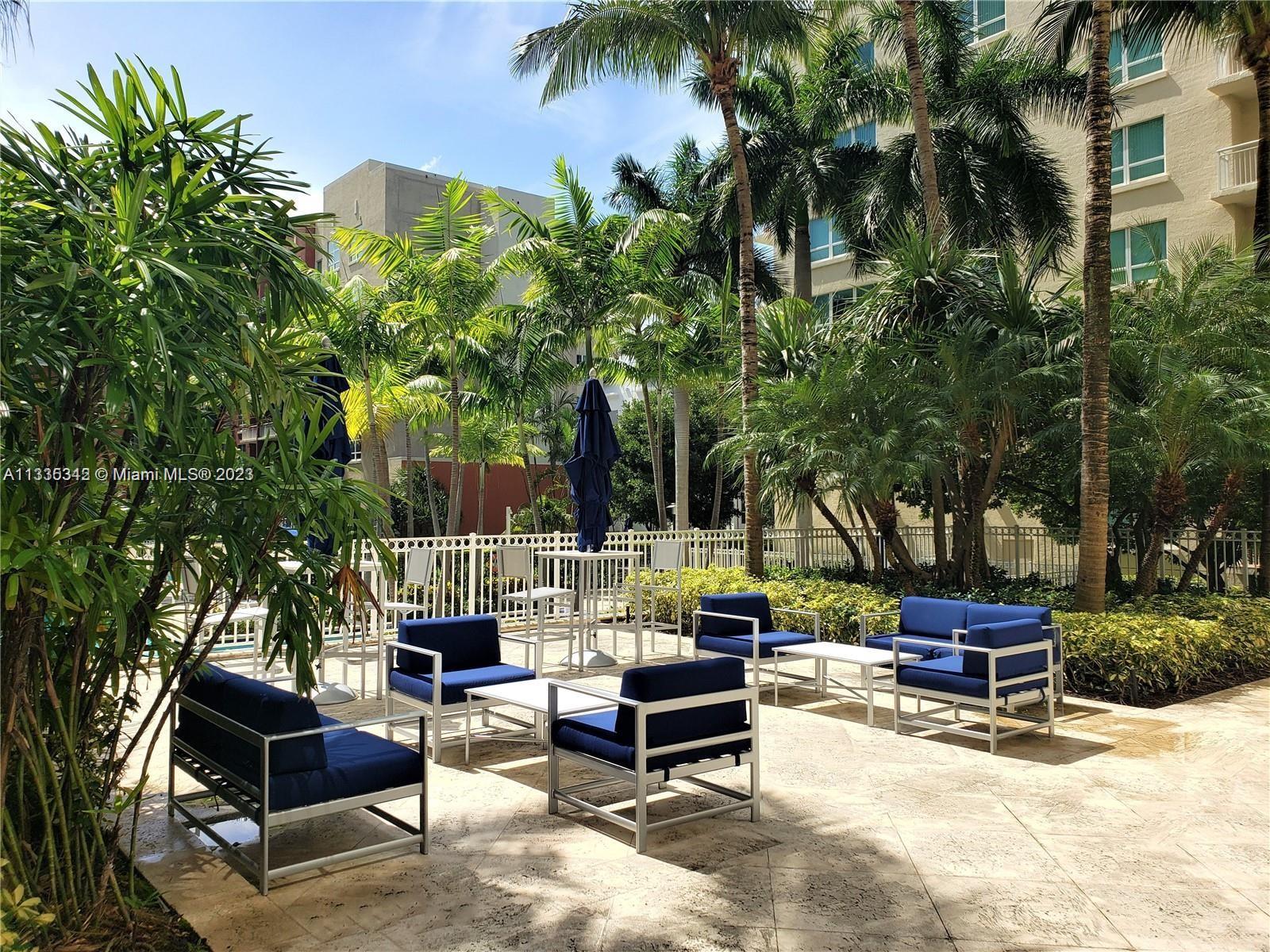 Nice lounge areas around the pool under palm trees.