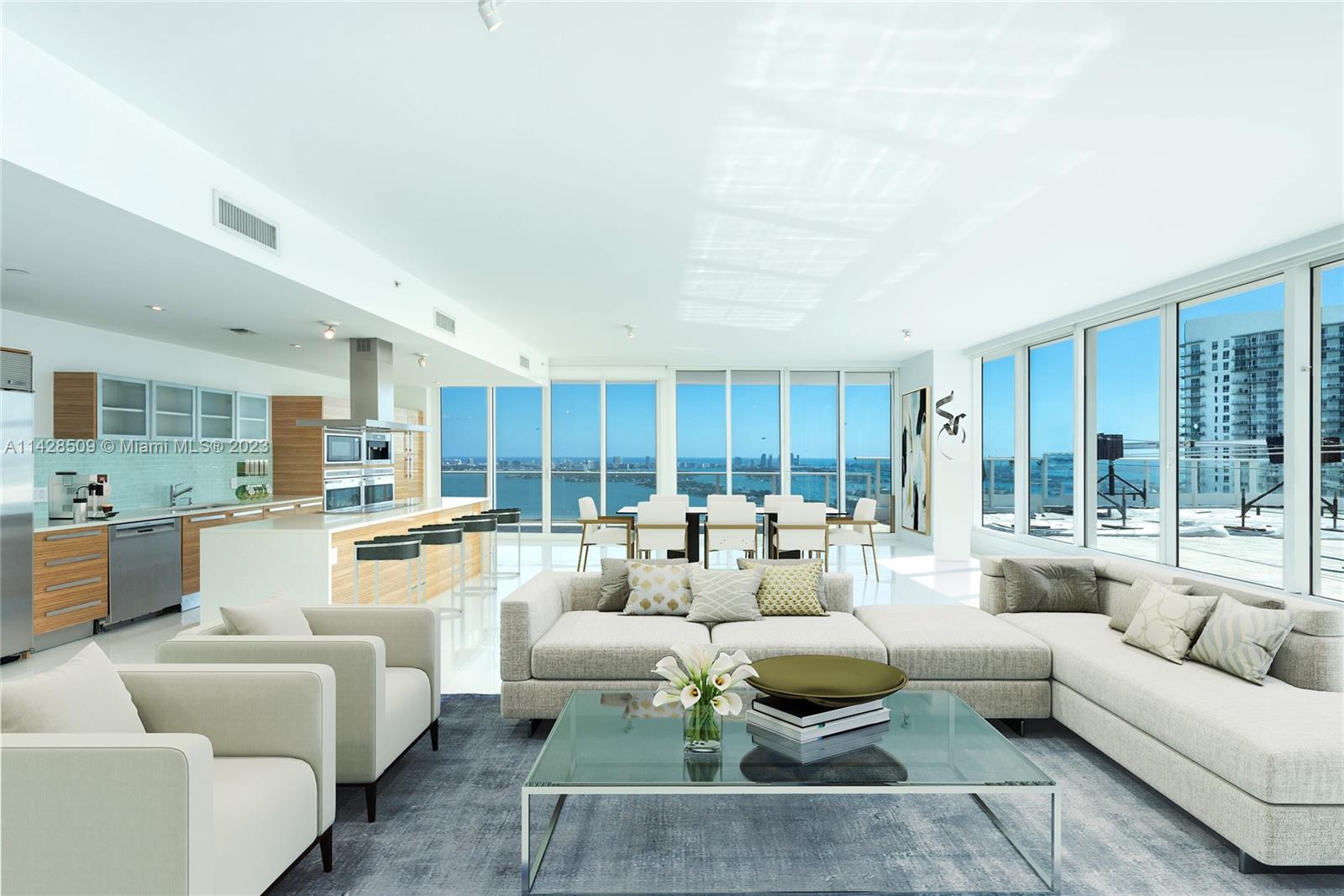 Rarely available, modern Penthouse in Paramount Bay Edgewater, with a private, 2,000-sf terrace offering incredible views of Biscayne Bay, Downtown Miami skyline, and western sunset views. This immense, 5-bedroom 5.5-bath luxe residence features floor-to-ceiling glass walls that allow maximum exposure of panoramic water and city views throughout all living spaces, open concept gourmet kitchen, oversized bedrooms with en-suite baths and walk-in closets, private elevator, and more. Live life on the water in Miami’s trendy neighborhood, Edgewater – ideally located between Miami Design District, Midtown Miami, Downtown Miami, and Miami Beach. Paramount Bay is a luxe condominium with 2 pools, 2-story 6,000-sf fitness center with spa, valet, and 24-h security. Available for lease at $19,995/mo.