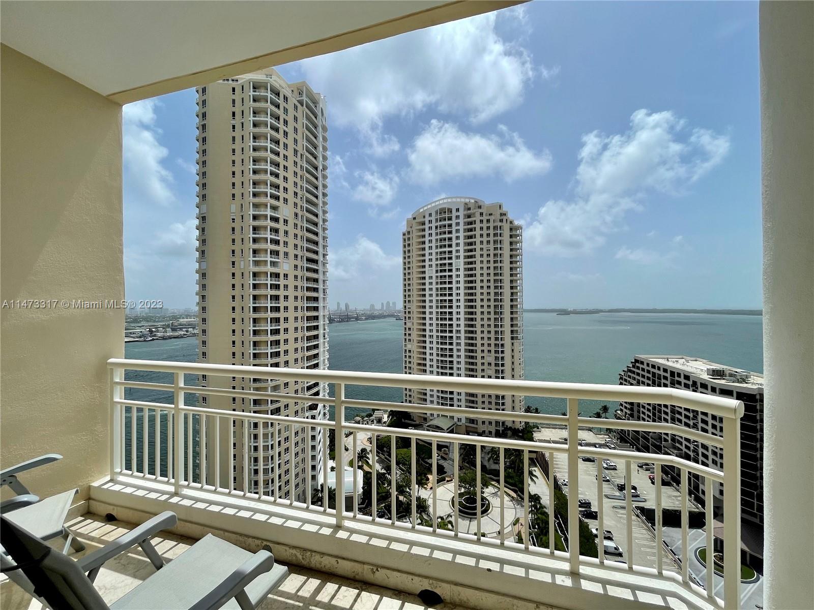 Stunning bay views from this 1 Bed/1.5 Bath with wraparound balcony furnished corner unit in Brickell Key. Most desirable line 05 with no neighbors. Recently remodeled closet, bathrooms. Floor to ceiling windows. Marble flooring throughout. Large master bedroom with walk in closet. Live within the private community of Brickell key with restaurants, shops, and more. 1 Assigned Parking Space.