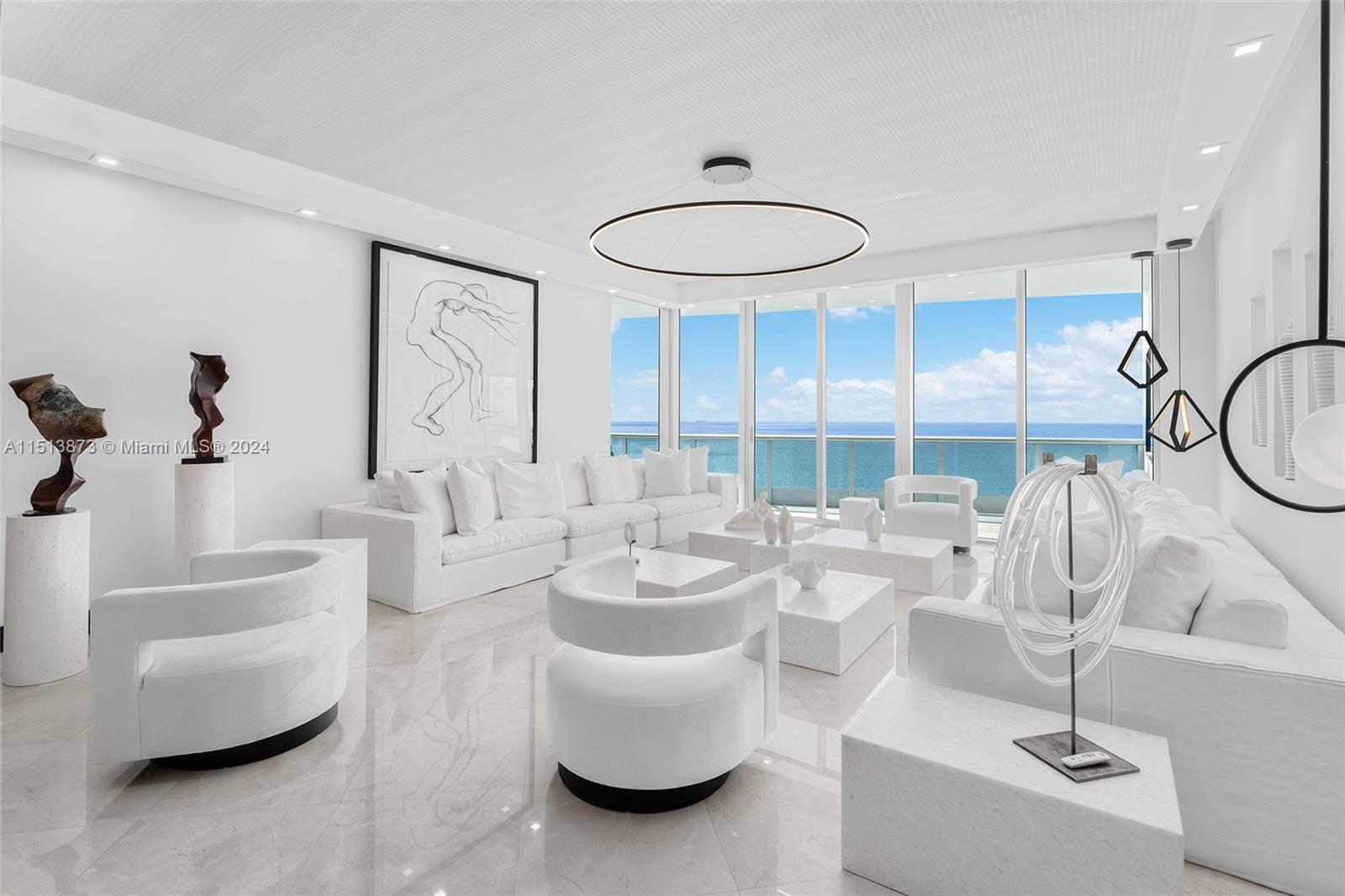 Located at the exclusive Bath Club, this immaculately designed oceanfront unit exemplifies luxury living w/meticulous attention to every design detail. The unit boasts private elevator entry, 3,640 SF, an oceanside terrace, plus second terrace with bay/city views, Jerusalem limestone floors, custom wallpapers & millwork, built-in sound system & custom lighting. Features 3BR/4+1BA, plus an office that can be easily converted to a 4th BR. Expansive living and dining room layout, media room w/Bang & Olufsen sound system & sleek gourmet kitchen w/top-of-the-line Miele & Sub-Zero appliances. The sumptuous Oceanside principal suite offers dual walk-in closets, direct terrace access & spa-inspired bathroom. Large guest room & staff quarter with en-suite baths. Enjoy 5-star amenities.