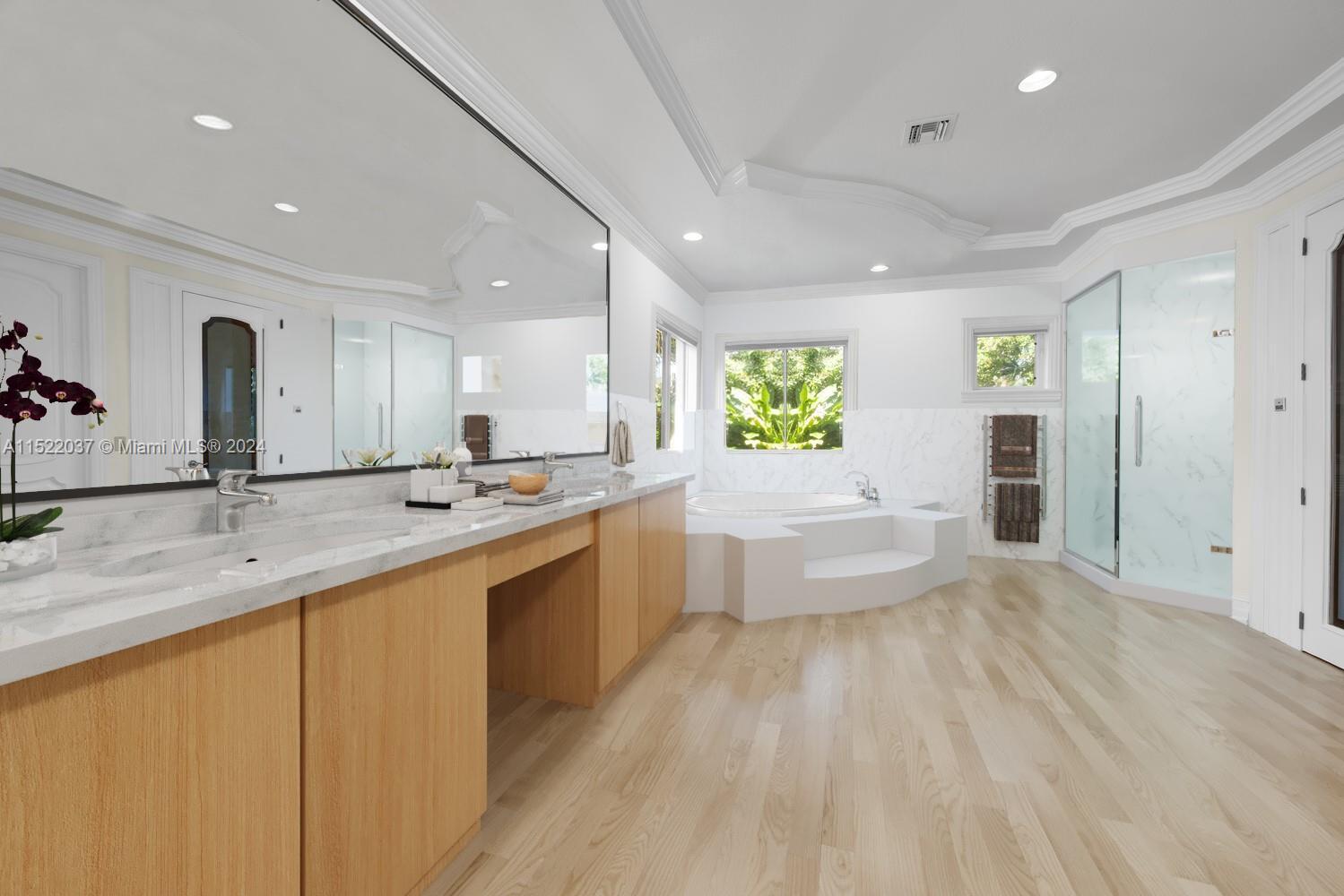 Digitally staged primary bathroom