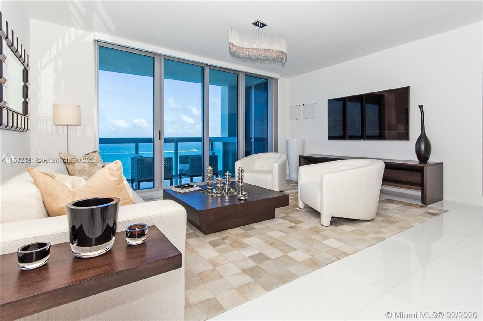 DIRECT OCEAN view split plan elegantly decorated by Saccaro in prestigious North Tower, Carillon Miami Wellness Resort, a premier oceanfront property.  Every detail for your comfort & luxury, including motorized shades; white glass floors; crystal chandeliers; pebble stone flooring in shower; Samsung 2023 85” 4K Smart Tizen TV in living room; Samsung 55” TV’s in bedrooms; water filtration system; fully equipped kitchen; outdoor table seating for 6. Classes offered 7 days week; full use of 70,000 sqft fitness center & amenities (including thermal Hydrotherapy Circuit) ALL included in rent.  Salon; 4 pools; concierge; restaurant; pool, beach service; bar; 24-hour security; valet; wellness staff. Walking neighborhood with all conveniences. ONLY OFFERED 6 MOS OFF SEASON.  NO PETS.