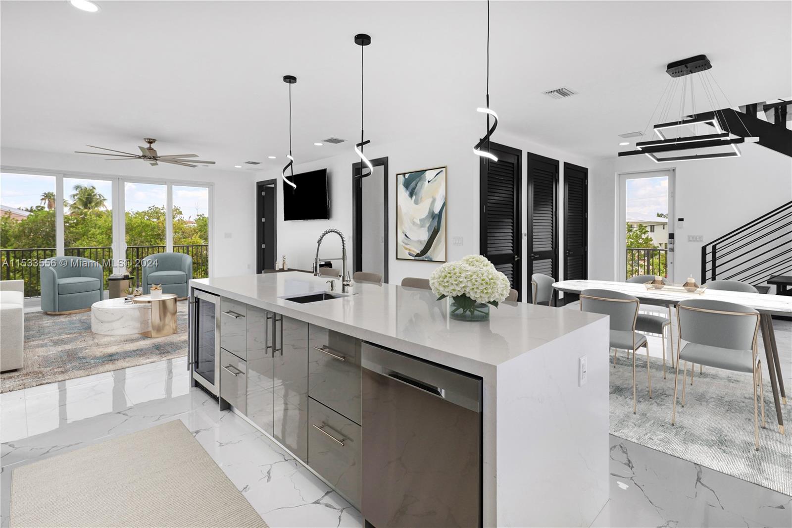 Virtually staged - Center Island with wine chiller, prep sink and quartz waterfall countertops