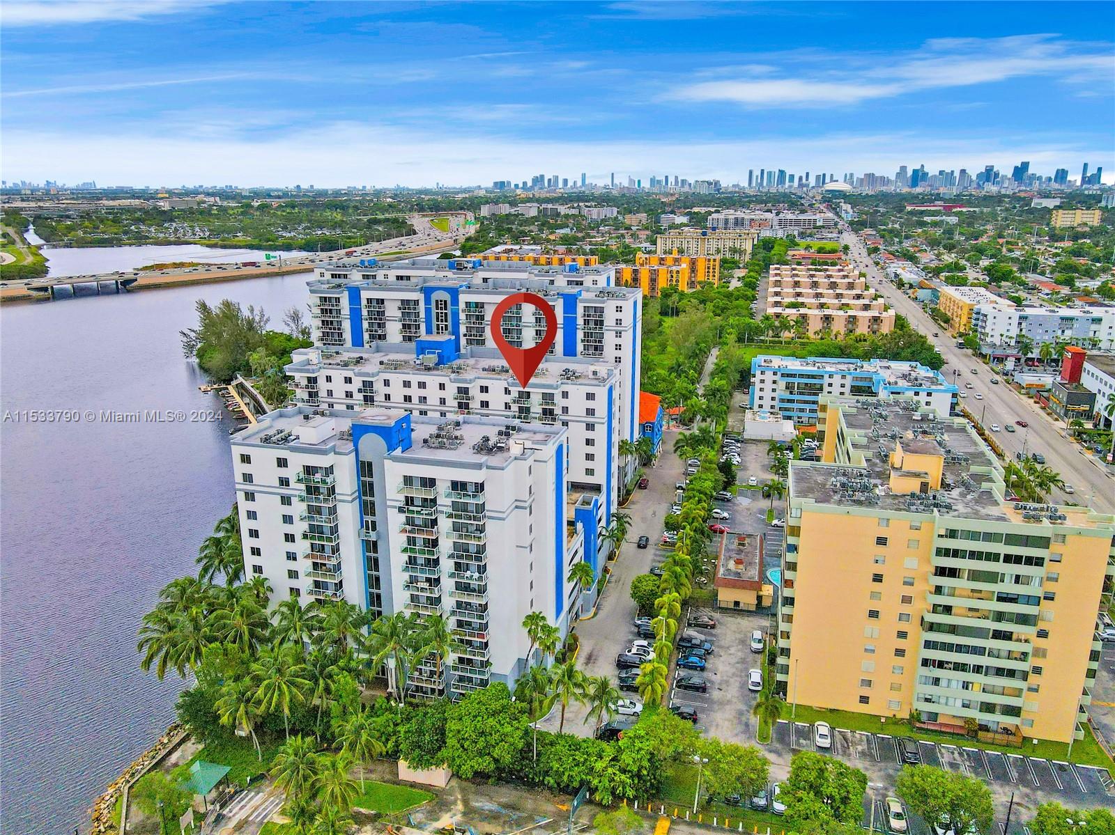 aerial view of neighborhood and downtown building