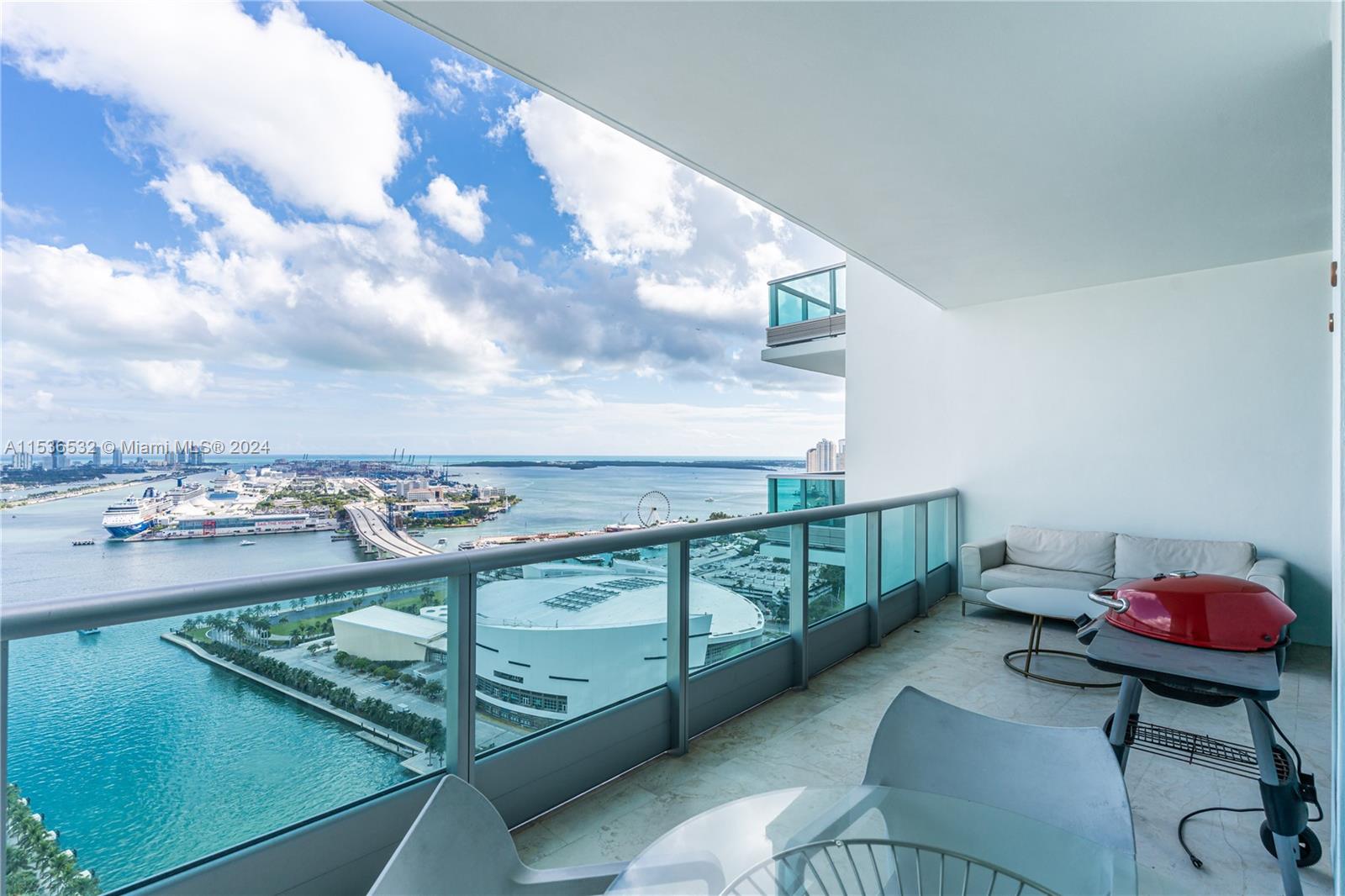 Stunning 3 bedrooms/ 3 bathrooms apartment with panoramic views of the Port of Miami, downtown, and Miami Beach. Enjoy the luxury living at 900 Biscayne. Apartment with high end finishes, private elevator entrance, high ceilings and marble floors throughout. The European kitchen boasts top-of-the-line Sub-Zero and Miele appliances. Ample storage with large closets, plus a convenient laundry room. Indulge in the building's amenities, including a well-equipped gym and spa, pool kids' room, and elegant lounges. Live in style with this spacious and sophisticated residence. Building requires one month security deposit. Easy to show.