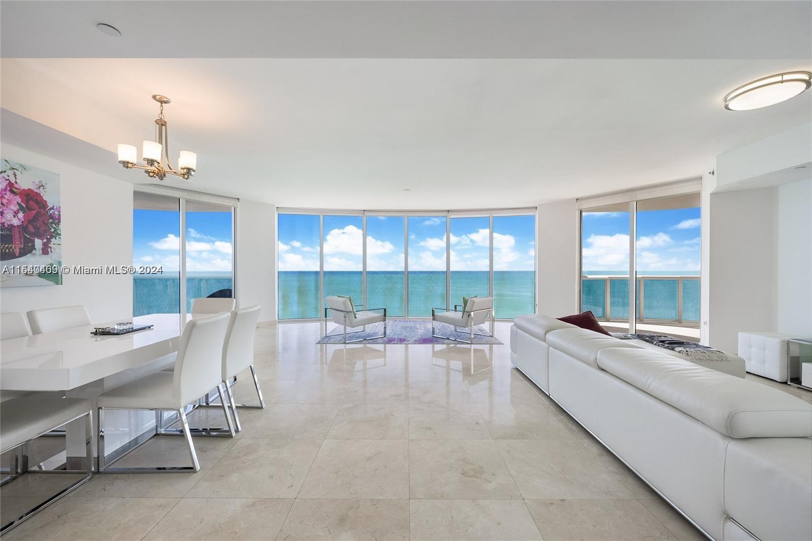 RESORT EXECUTIVE LIVING IN OCEANFRONT LUXURIOUS RESIDENCE WITH PANORAMIC BREATHTAKING 180 DEGREES OF UNOBSTRUCTED OCEAN VIEWS! RARELY AVAILABLE HIGH FLOOR BEST LAYOT! THIS HIGHLY DESIRABLE UNIT IS THE BEST ON SUNNY ISLES, FLOOR TO CEILING WINDOWS, ALL 3 BEDROOMS, AND 2 BALCONIES WITH DIRECT OCEAN VIEWS, FIVE STAR WELL MANAGED BUILDING. BEACHFRONT RESTAURANT. ITALIAN MARBLE FLOORS, ITALIAN STYLE KITCHEN, MIELE APPLIANCES, SUB-ZERO REFRIGERATOR, DESINER'S CUSTOM MADE LEATHER FINISHED CLOSETS. CABLE TV, HBO, HIGH-SPEED INTERNET, YOGA, PILATES, AND ZUMBA CLASSES, GYM AND STEAM ROOM, BEACH AND POOL SERVICE, TWO ASSIGNED PARKING SPOTS AND A/C STORAGE. CLOSE TO RESTAURANTS, GROCERIES, AND SHOPPING CENTER! 24-HOUR VALET AND SECURITY.