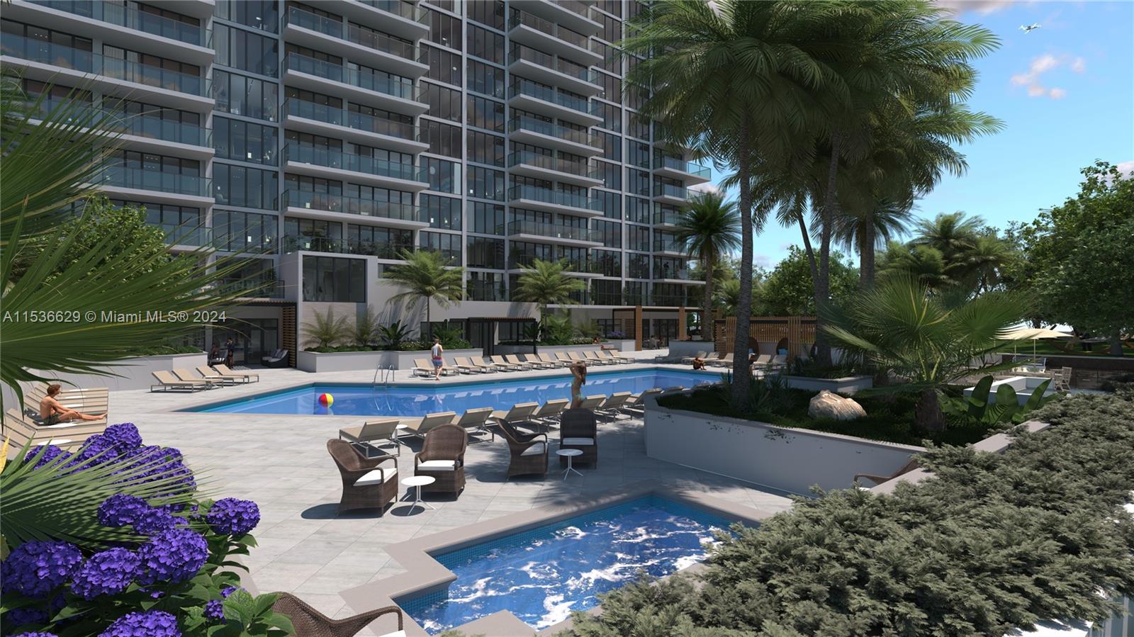 Rendering of NEW amenities deck and building facade with glass balcony railings and floor to ceiling windows.