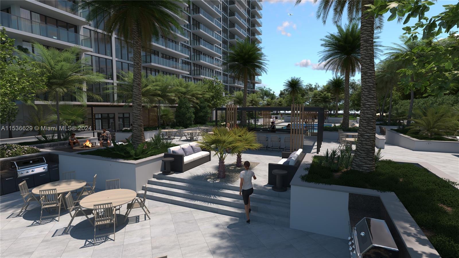 Rendering of NEW amenities deck and building facade glass balcony railings and floor to ceiling windows.