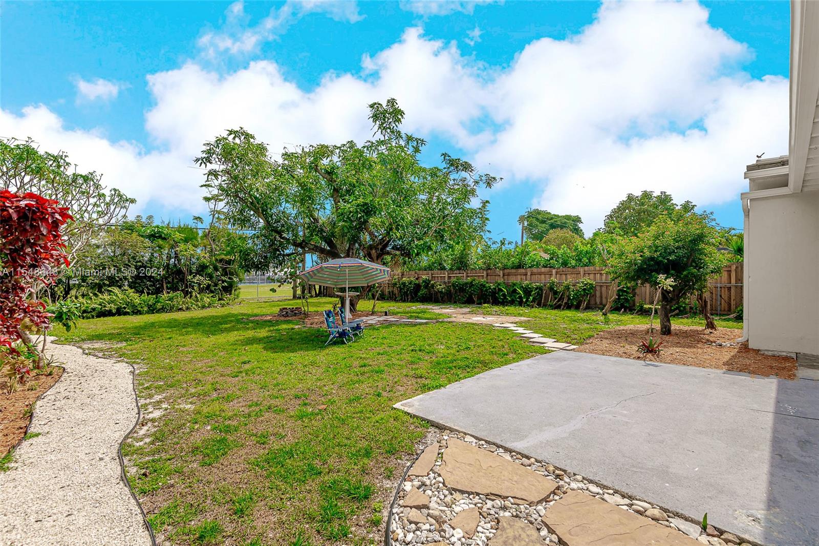 Beautifully landscaped backyard with open patio