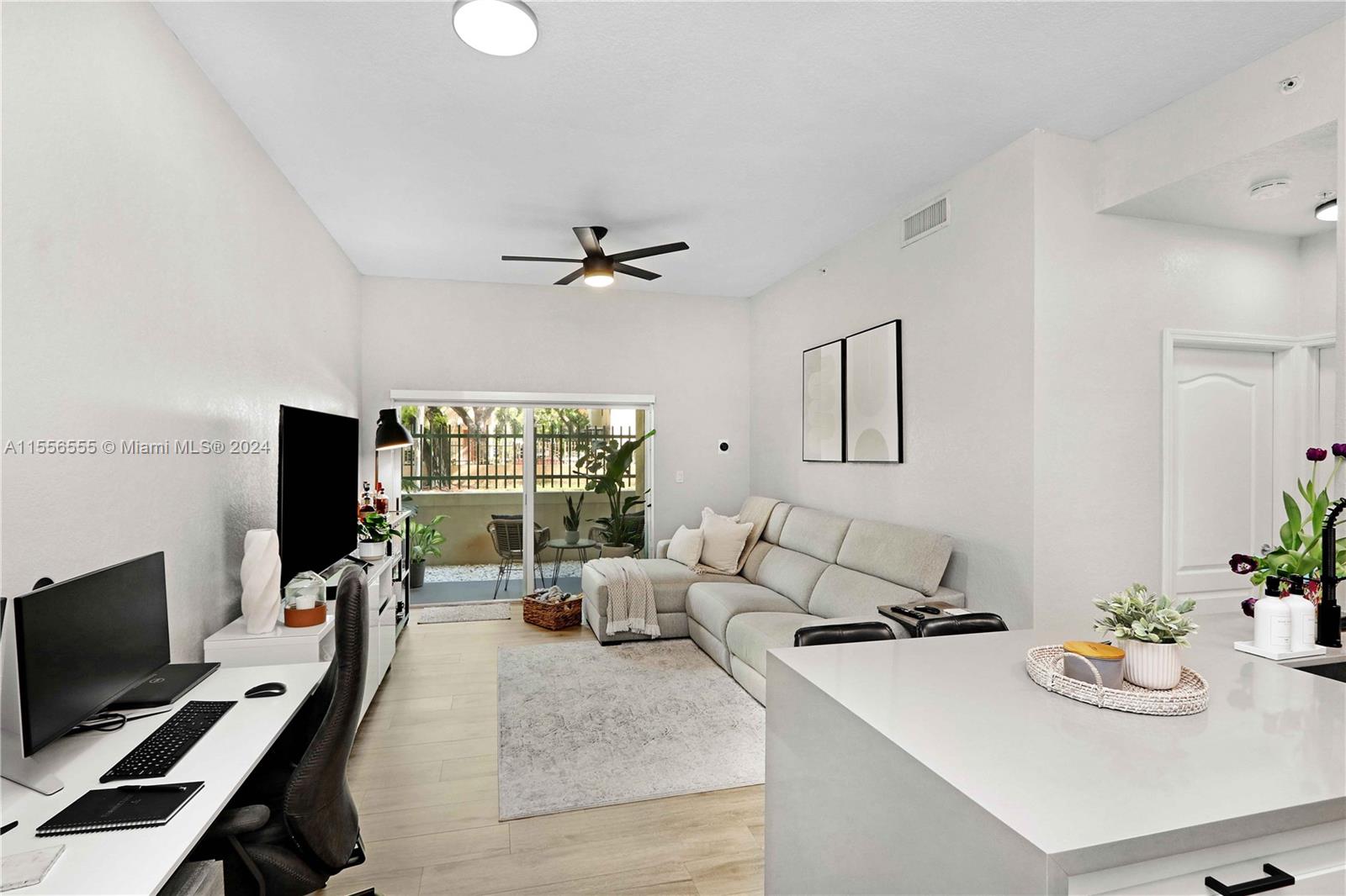 Fully remodeled first floor condo in the heart of South Miami! Walking distance to Sunset Place, metro rail, Baptist Hospital and all the amazing restaurants this area has to offer. This move-in ready condo features new tile floors, high ceilings, renovated kitchen with waterfall quartz countertops, stainless steel kitchen appliances (fridge, stove, microwave and dishwasher). Bathroom was also remodeled featuring rainfall shower head and beautiful mosaic tile. Includes blackout curtains for windows and sliding glass doors. A/C  and washer / dryer are inside of unit and were installed in 2022. The building includes beautiful amenities including: gym, pool, clubhouse, covered garage, 24/7 staff and security, and more!!!