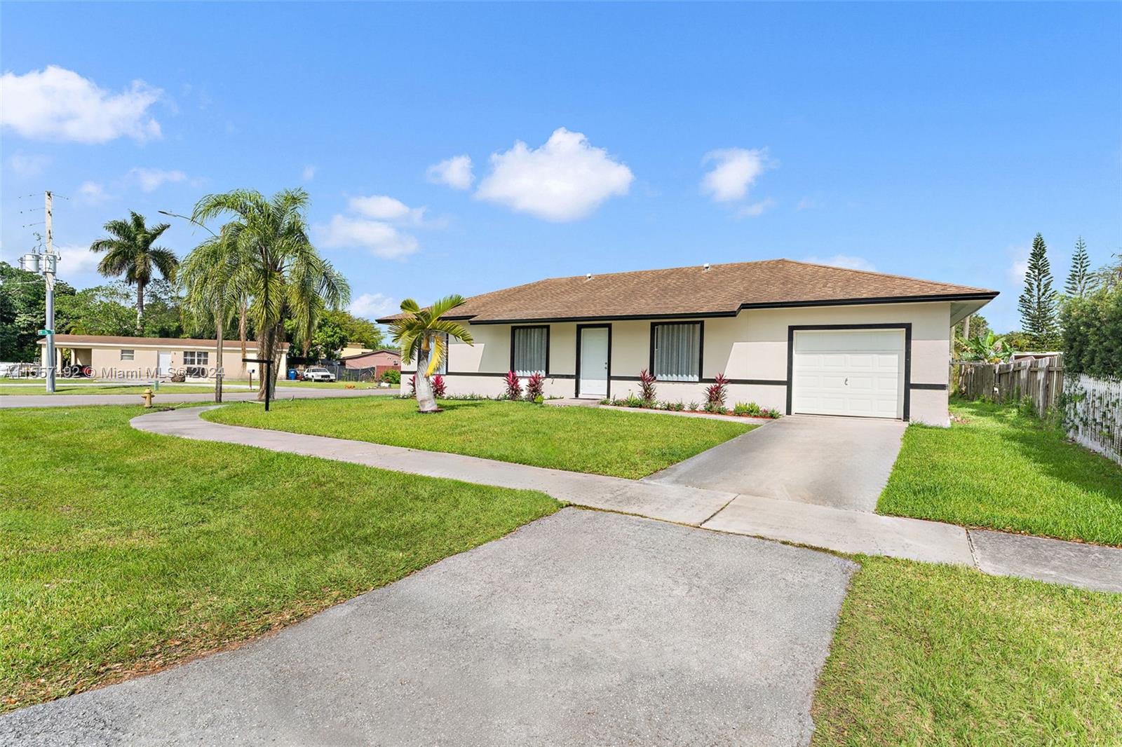 Completely renovated, 3bedroom, 2 bathroom, corner lot. 1 car garage, with a driveway. Great Area in Florida City. Appliances are brand new, great sized rooms and bathrooms. Custom Kitchen Cabinets, island with cook top and microwave.