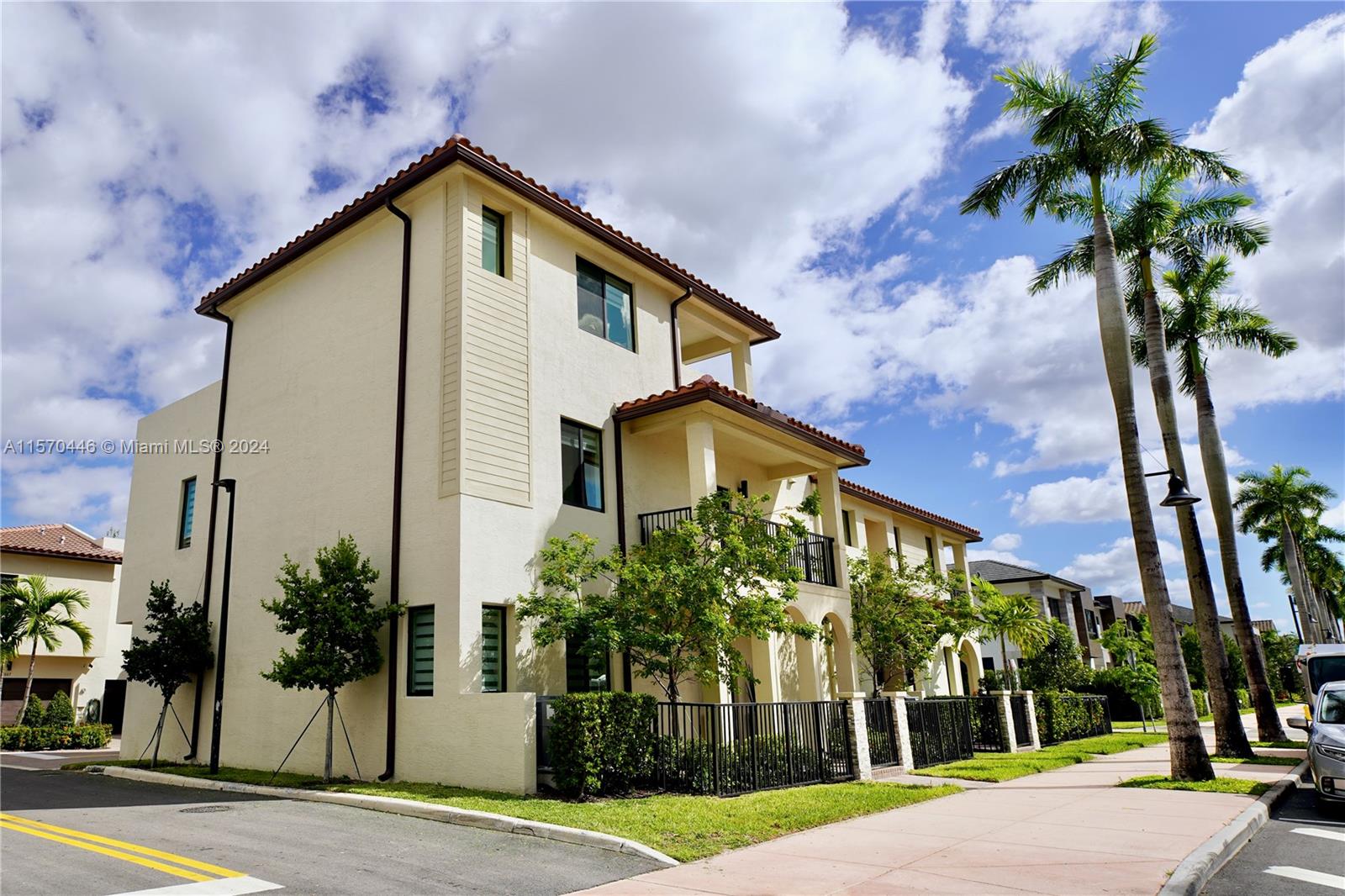 Beautiful 3 story corner smart TH, just 1 block from the clubhouse with unobstructed views of main boulevard, open kitchen concept with stainless steel appliances & quartz countertops, 2 car garage. 1st & 3rd level ceramic floor, 2nd level carpet floor, 3 bedrooms, 2 full baths, 2 half baths, 2 A/C, Master Bedroom has electric blinds, walk-in closet and balcony with main paseo views. 3rd level with large family room and 2 terraces sky views, one of them has a covered outdoor space that extends to an open terrace with a sitting area and panoramic view. Impact windows, 2 electric water heaters, Alarm System. Stunning clubhouse with fitness center, indoor basketball court & running track, pool with sun deck, cabanas and a splash area for kids. Near restaurants, shops, parks, A+ rated schools.