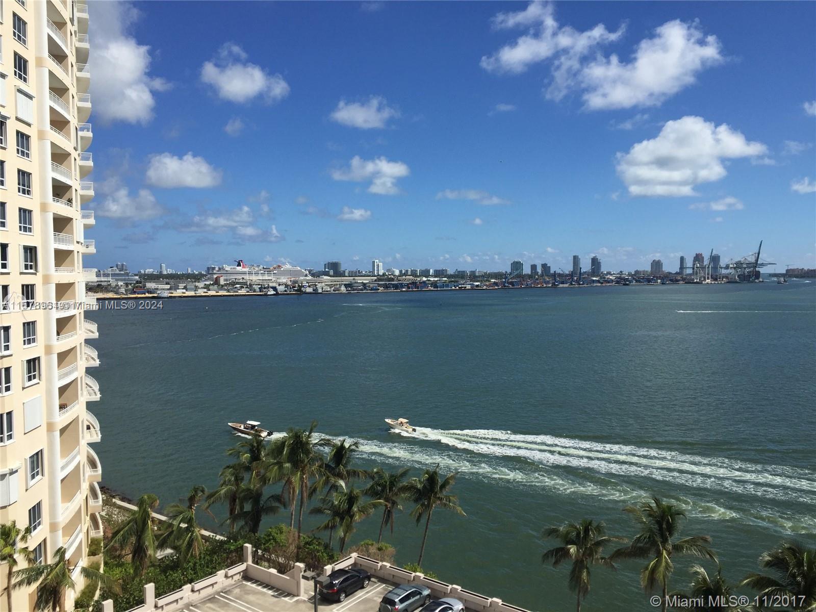 Bright 1/1.5 apartment in Brickell Key with views of the bay, the port of Miami. Unit has washer dryer inside. Building has new elevators, and lots of amenities, salt water pool. Sauna, tennis, gym, valet, security, convenience store. No pets.