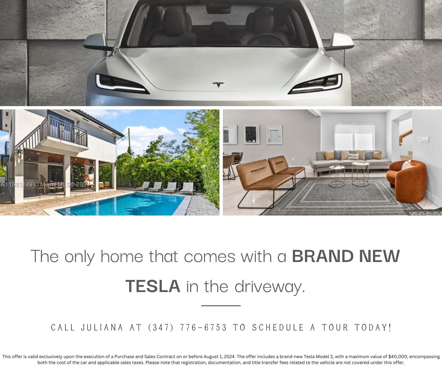 Move-in to a beautiful and modern completely remodeled inside out house that comes with a BRAND NEW TESLA 3 and the electric charger already installed for you*. This promotion is for offers accepted and executed before August 1st, 2024. This very well located house has 4beds/4 baths, a pool and covered terrace. with 6750 sq ft lot, features an open layout floor plan, new plumbing, new electricity, all LED lights, new stainless steel professional appliances, modern bathrooms, marbles floors, walking custom closets. Located at the exclusive and historic neighborhood of The Roads. Walking distance from Brickell, Key Biscayne and more.