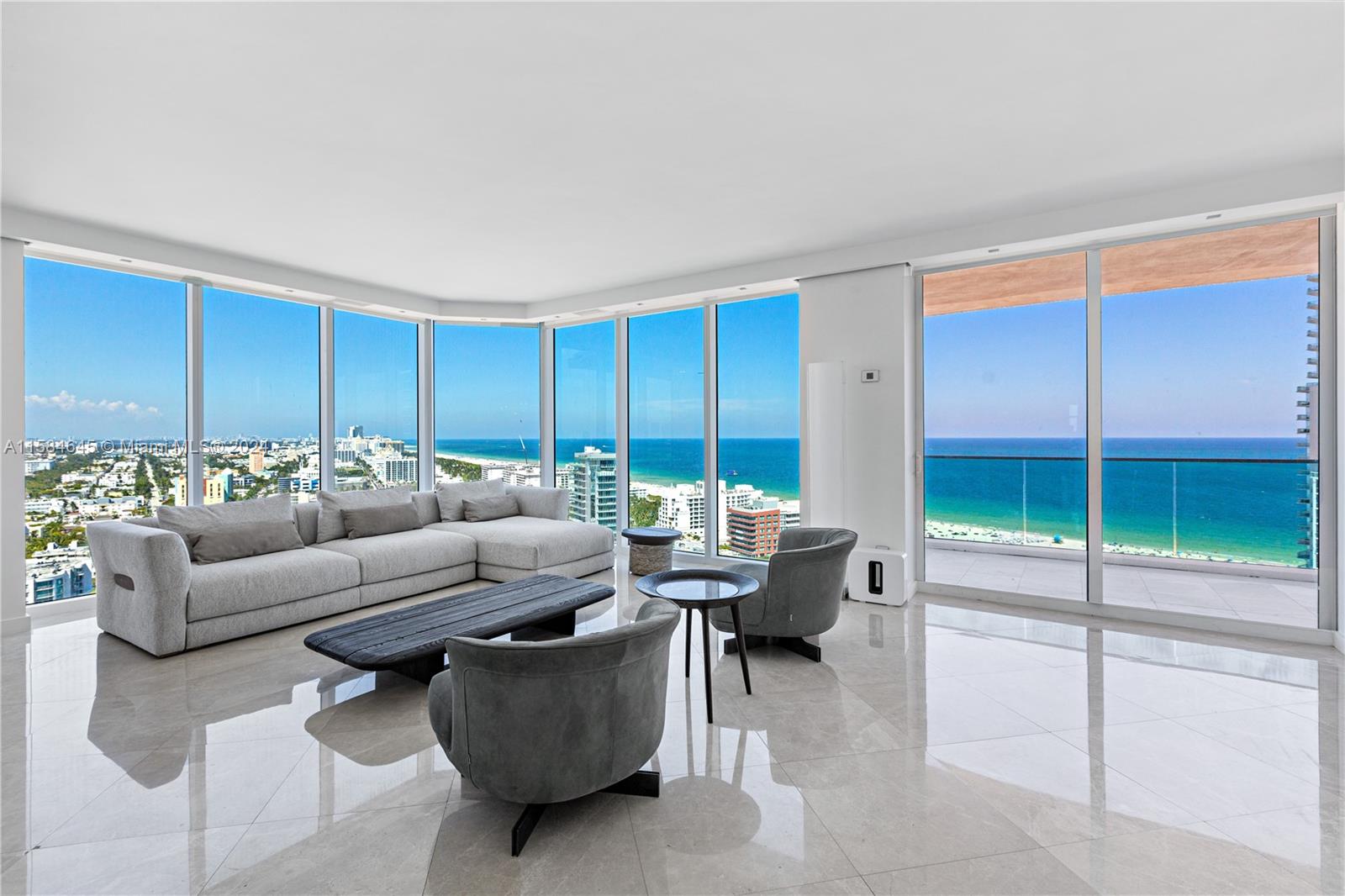 Completely renovated 3 Bed + 2.5 Bath corner residence at the prestigious Portofino Tower in the exclusive South of 5th Neighborhood. This immaculate residence offers incredible 270 degree panoramic views day and night of the Ocean, South Beach, Miami Skyline and Government Cut as cruise ships continuously sail by, all from floor to ceiling glass. This residence demonstrates the epitome of luxury with a custom kitchen with an extended eat-in island with views of the Ocean, remodeled bathrooms featuring a Master Bath with a free standing soaking tub with Ocean views, separate expansive shower and dual sinks. Marble floors, recessed lighting, linear diffusers, custom doors, intelligently integrated built-ins & electric window treatments. Rented until 6.14.25. Furniture negotiable.