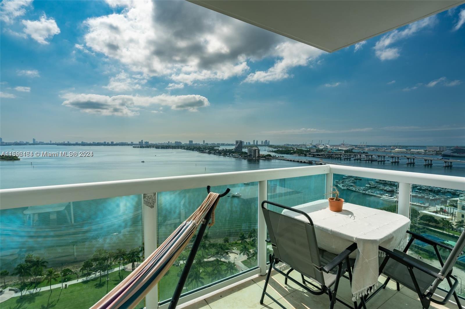 Amazing bay views from this elegant 2 beds, 2 bathrooms with marble floors. Split bedroom floor plan, open kitchen and 1 assigned parking space. Located across from Margaret Pace Park with its walking paths, basketball court, tennis courts and volleyball courts. In prime Edgewater neighborhood. Close to Performing Arts Center, downtown Miami, Lynwood, Design District, Brickell and Miami Beach.