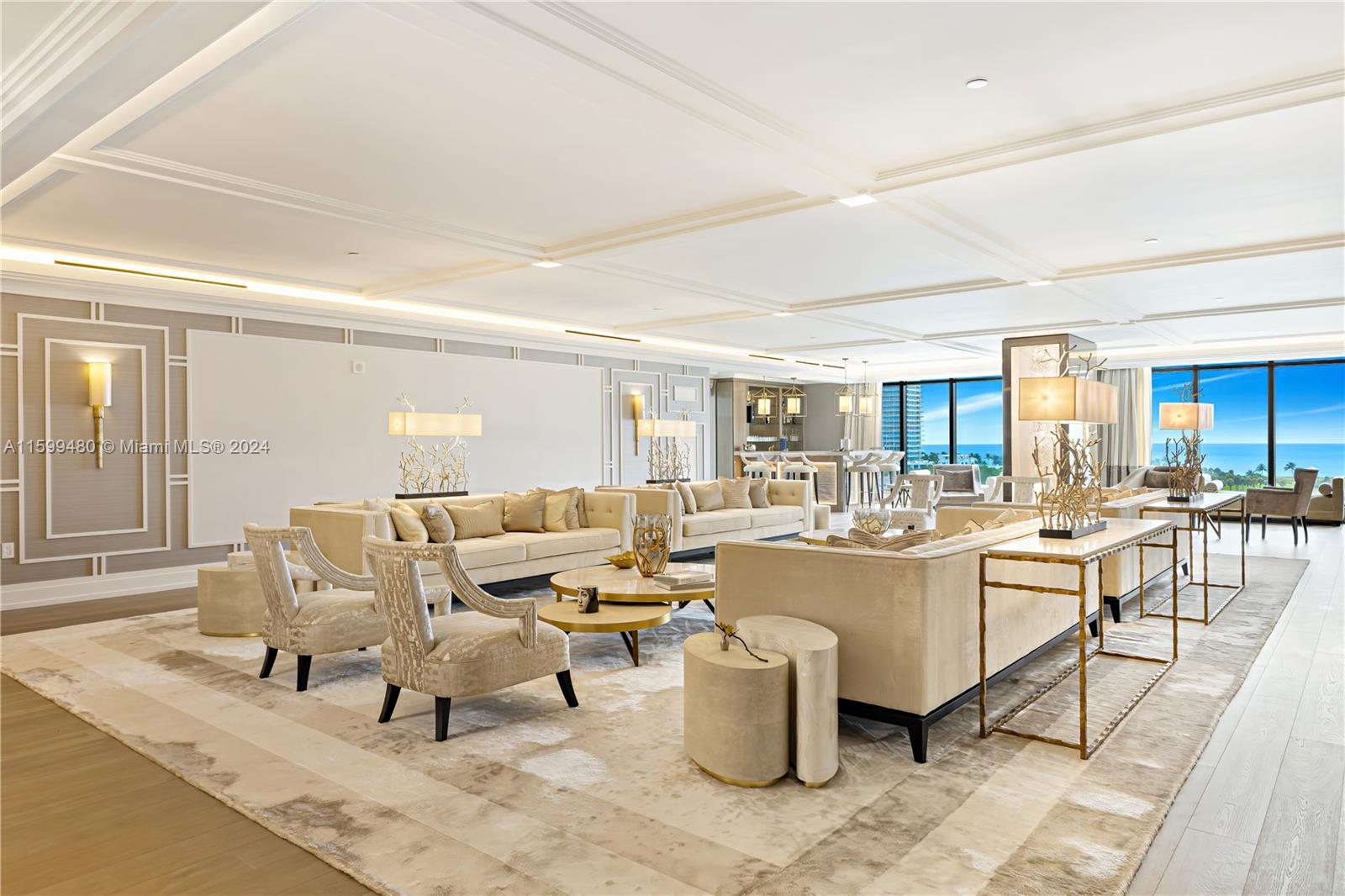 EXPERIENCE THE EPITOME OF LUXURIOUS INTERIOR ARCHITECTURE & DESIGN AT PALAZZO DEL SOL IN FISHER ISLAND FROM THIS SPRAWLING RESIDENCE BY AWARD-WINNING DÔME INTERIORS OF GENEVA! 5 Bed + Service + 5 Bath + 2 Powder Residence w/7,630 SF of Living Area. Immersed in Gold & Beige Tones w/Mother-of-Pearl panels & European Furnishings. 2,471 SF Terraces Overlooking the Ocean, Bay & Golf Course. Entertaining Bar + Study & Theatre. Coffered Ceilings + Hidden Linear Diffusers. Boffi Kitchen features Sub-Zero + Gagganeau Appliances. Glass Enclosed Back-lit Wine Cellar. Primary Suite w/Lavish Hand Painted Wallpaper + lighting by Ochre. Custom Swiss Dressing Room. Primary Bath w/Book-Matched Marble, Boffi Tub & Rain shower. Guest Bedrooms in Ocean Tones w/Custom Millwork. 5-Star Full-Service Building.