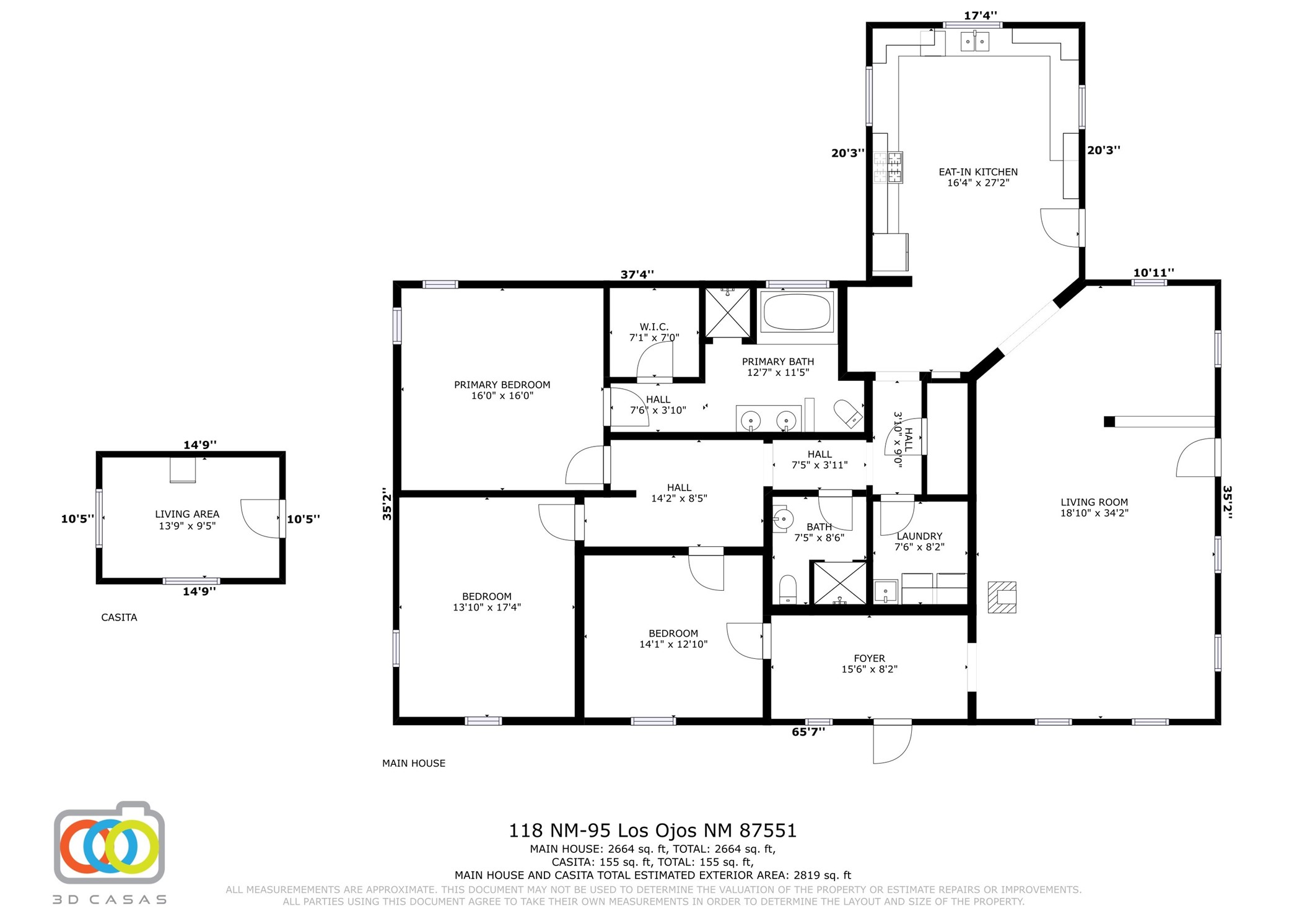 FLOOR PLAN FOR BOTH HOME (2664 SQ FT) AND CASITA (155 SQ FT)