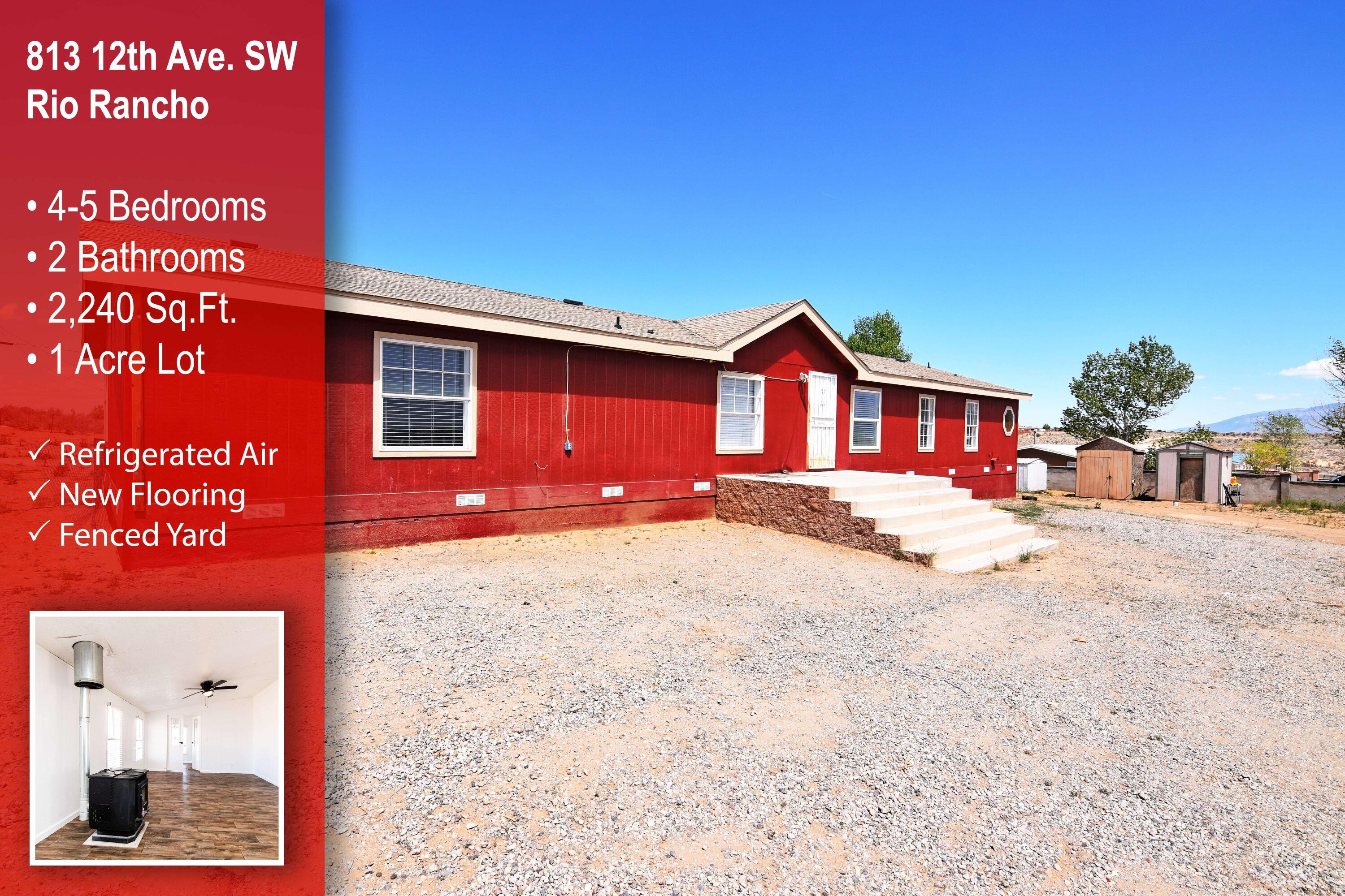 Introducing a 4-5 bedroom double wide mobile home in Rio Rancho, situated on a 1-acre corner lot within the county limits. This home offers a brand new refrigerated air unit, a fully fenced yard, and some updated windows. The master bedroom features a garden tub, separate shower, dual sinks, and a walk-in closet. It's conveniently located just 7 minutes away from grocery stores, restaurants, and convenience stores.  Many repairs made. Inspections for buyers knowledge.  Schedule a showing today to see this great opportunity!