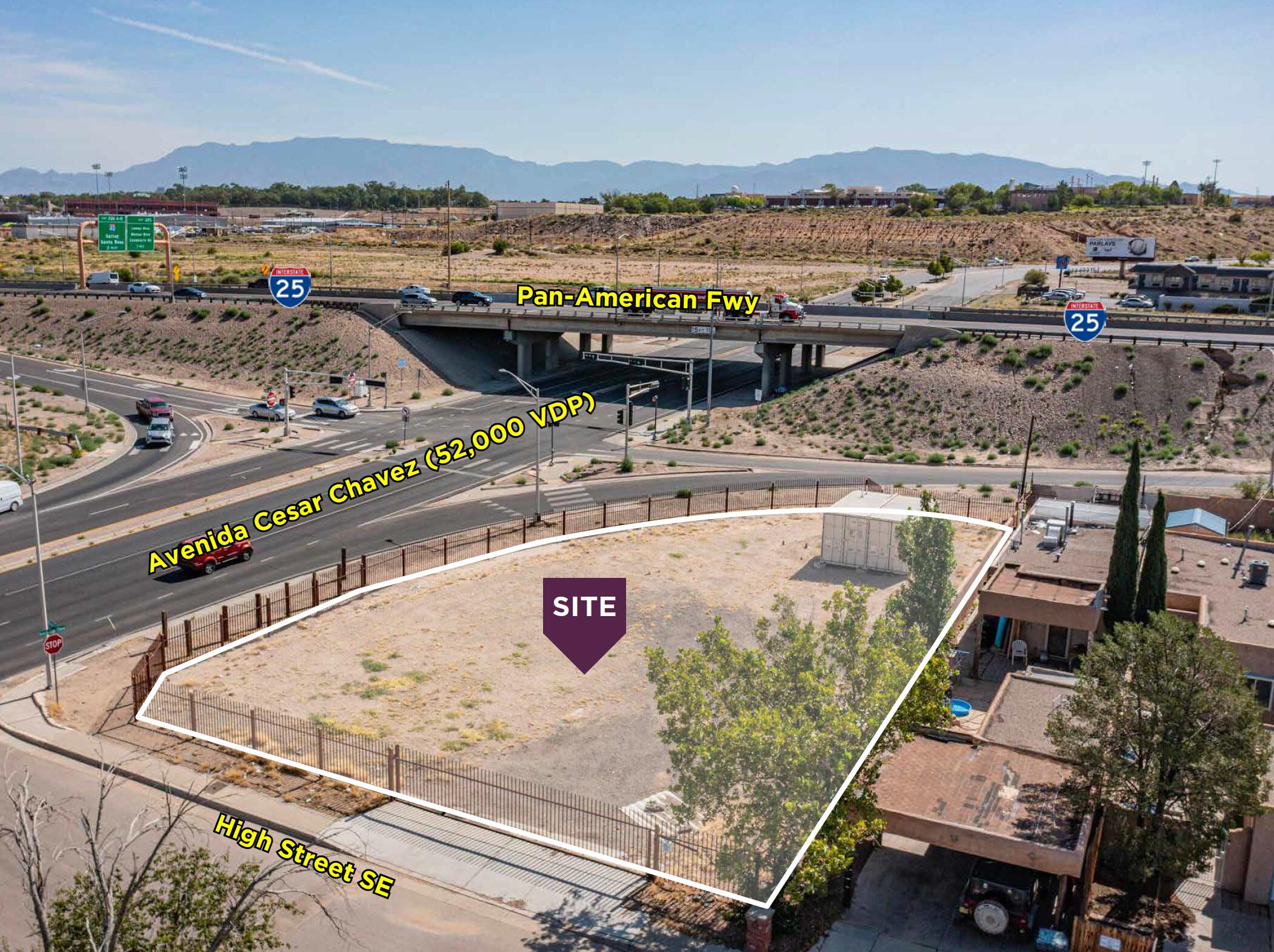 Prime real estate opportunity at 800 Avenida Cesar Chavez, Albuquerque, NM 87102, with exceptional visibility and access. Located at the SW corner of I-25 and Avenida Cesar Chavez, this 0.17-acre property features 170 feet of high-traffic frontage on Avenida Cesar Chavez right before entering Interstate I-25, which sees over 52,000 vehicles daily. Just under half a mile from all major stadiums, Broadway Blvd, and Yale Blvd, the site benefits from a strategic locationin a bustling commercial area. The property is fully gated and comes with essential utilities-- water, sewer, and electricity--already piped in. Approved development plans include space for 9 parking spots, providing a 2.88 parking ratio, with ingress/egress access from the west property line. Zoned MX-L, it is suitable for a