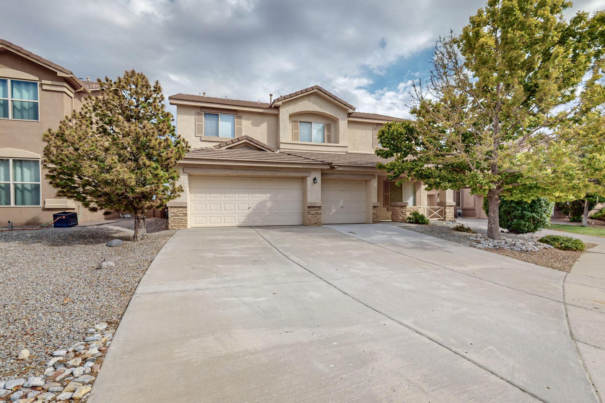 VIEWS! VIEWS! Welcome to highly sought-after Ventana Ranch.  This stunning home boasts a spacious 4-bedroom, 2.5bathroom layout with a 3-car garage.  It features two living areas on the main level and a private loft upstairs. Enjoy breathtaking views of the Sandia's and Balloon Fiesta from the primary suite's walk-out balcony. The large, beautifully landscaped backyard is perfect for hosting your next BBQ. Recent upgrades include new light fixtures, ceiling fans, fresh paint, and brand-new carpet throughout. Conveniently located near top-rated schools, shopping, dining, and entertainment options on the west side. The expansive primary bedroom offers ample space, and the seller-owned solar system is an added bonus! Move in ready! Don't miss the chance to make Ventana Ranch home today!