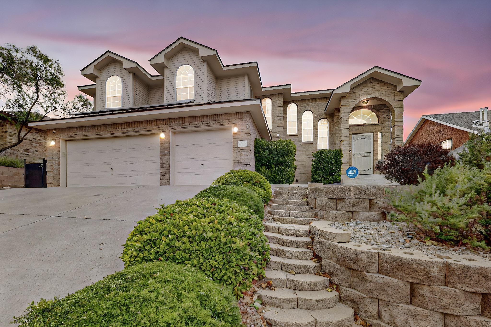 Welcome to the home of your dreams at 8404 Bella Vista Pl NW in Albuquerque, NM! This spacious home has 4 bedrooms, 3 bathrooms,  2 living areas with a dining room, breakfast nook, and 3 car garage. Situated in a serene neighborhood, this stunning Opel Jenkins brick veneer house features abundant sought-after amenities. You'll immediately appreciate the refrigerated air, and the paid-off solar system to help cover electricity costs. The lower level of the home showcases fresh, stylish flooring, creating a comfortable and welcoming environment. The kitchen is undoubtedly the centerpiece of this residence, featuring granite countertops that offer generous space alongside stainless steel appliances.