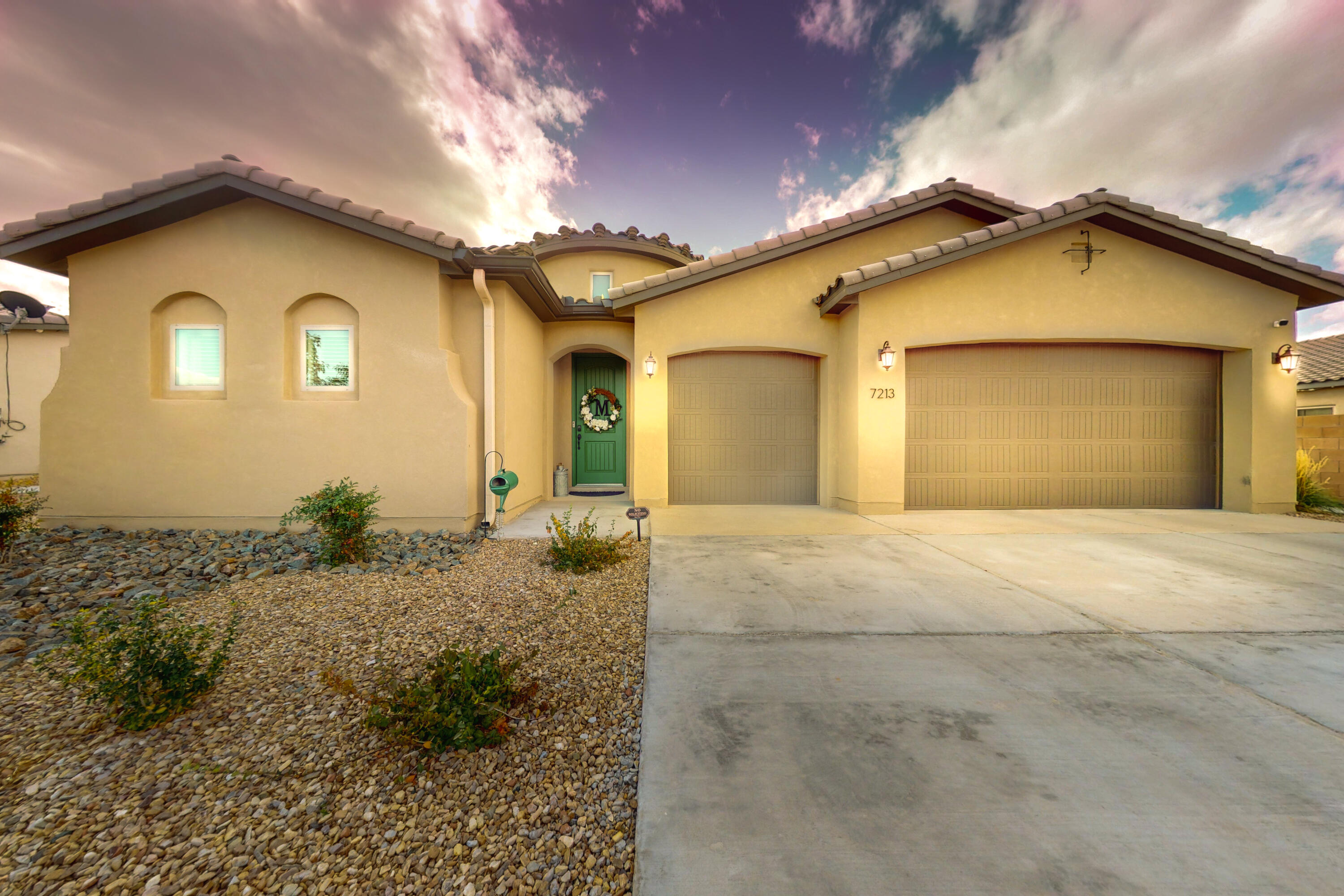 Amazing Sandia views from this beautiful Abrazo home! This one story 3 bed (possibly 4), 2.5 bath home features all wood tile flooring, refrigerated air, fresh paint, an above ground heated swim spa, quartz counters, stainless appliances, coffered ceiling in living room, tray ceiling in primary bedroom, custom glass door on office, primary bath has separate shower (with rain feature) and bath, built in alarm system with cameras, nest thermostat, new tankless hot water (approx. May 2024). 10 minute drive to l-25, easy commute to Santa Fe. Near restaurants, breweries, and shopping, not to mention The Block food hall venue. Welcome Home!