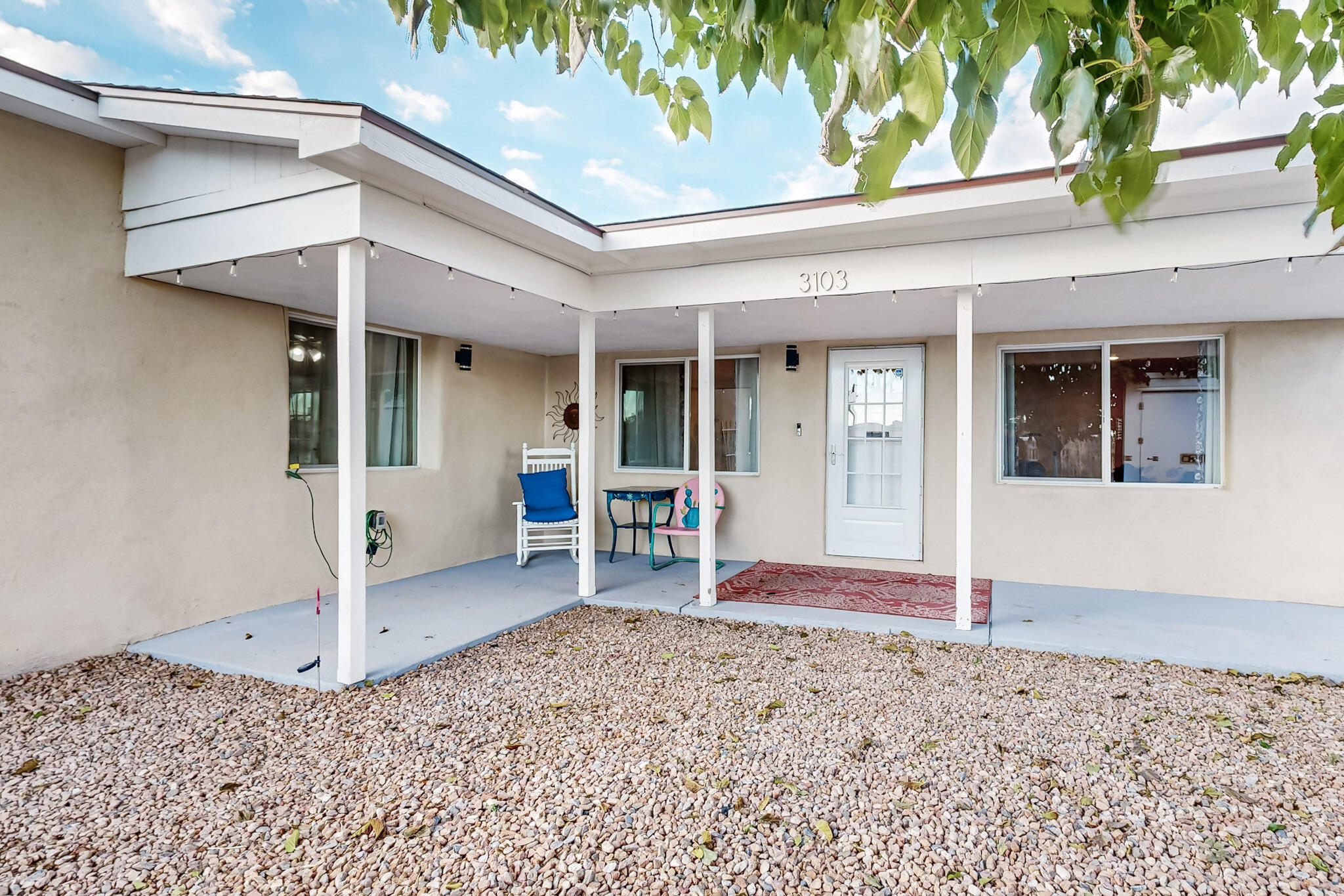 Welcome to your oasis in the North Valley! This stunning 3 bed, 2 bath home combines modern convenience with timeless charm. Lovely home is move-in ready & boasts new stucco, is freshly painted throughout, recently upgraded electrical, roof, flooring, windows, & cabinets. The beautiful kitchen shines with elegant granite counters & gorgeous large format tile. Fully fenced backyard with mature trees is designed for outdoor enjoyment with brick pavers & custom colored stamped concrete, enhanced by garden lighting for those magical North Valley evenings. The home showcases adobe walls, gorgeous tongue & groove viga ceilings that add character to this beautifully updated home, also has unique 'hidden' underground storage. Rare opportunity to own a turnkey classic Southwest gem, ready to go!