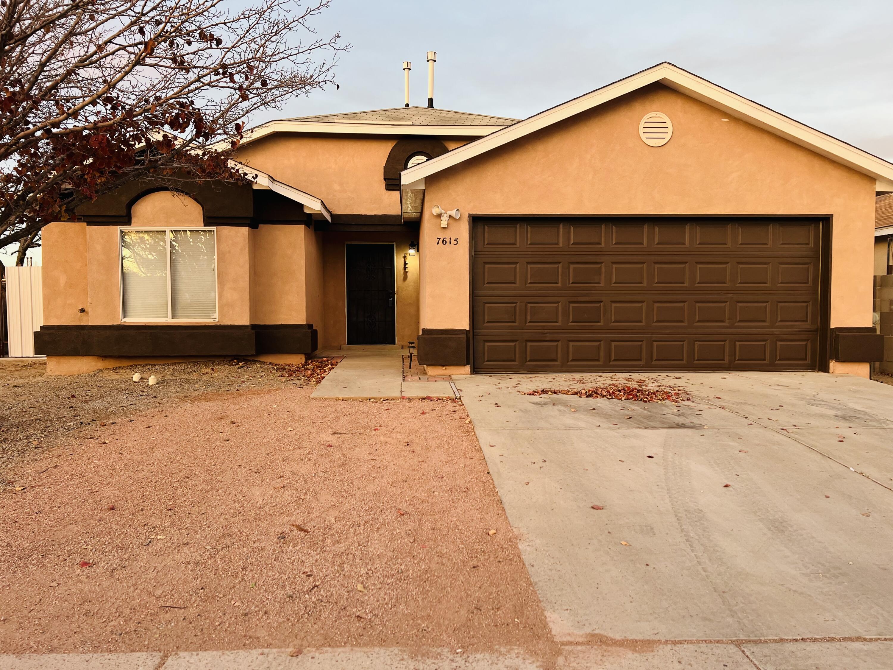 Welcome Home! This enchanting 4 bedroom 2 full bath single story property is located in the heart of southwest Albuquerque. This property offers an open floor plan with a cozy fireplace flowing in to the kitchen making it perfect for entertaining. Main bedroom has a walk in closet and a full bathroom. This corner lot offers a 2 car garage with insulated garage door and lots of shelves. Backyard has large beautiful shade trees, blocked walls for privacy. Gated backyard access,  dog run & shed.  Location is near the freeway, schools, parks and shopping centers. Call me or your favorite realtor to Schedule your showing.