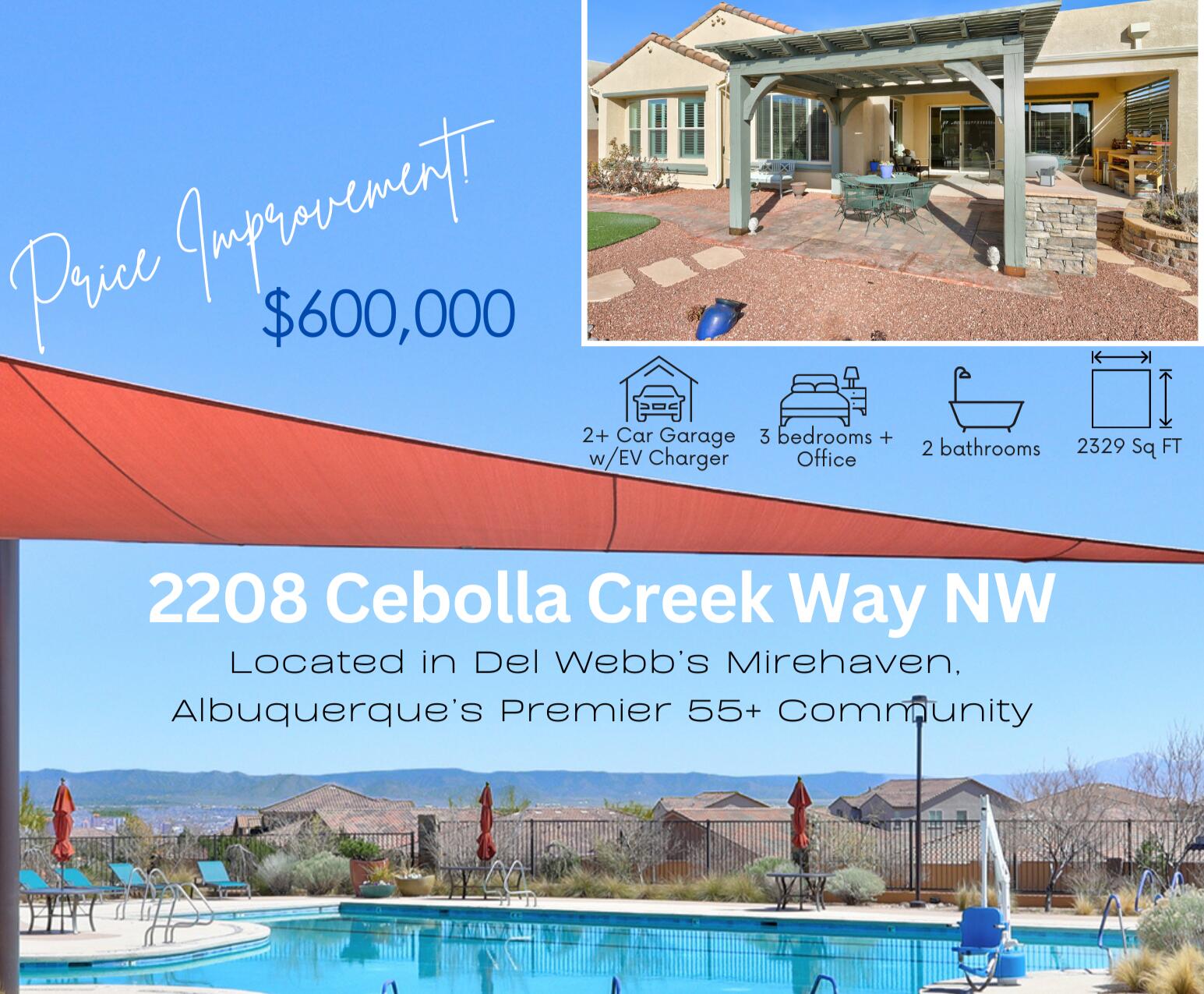 GORGEOUS home in Del Webb, Mirehaven (Serenity model). Beautifully appointed 2329 SqFt, home w/3 bedroom, 2 bath, office, dining room, laundry, pantry and oversized 2+ car garage. The kitchen's granite countertops, ivory cabinets w/pullouts & soft close features, large 1-level island, gas cooktop, SS appliances & walk in pantry will please discerning cooks. $100K + in upgrades, an exceptional move-in-ready value! Other features include Plantation shutters & upscale blinds, wood-look tile flooring throughout, 'California' walk-in closet in primary suite, seller owned Solar panels (low utility bills!) & EV charging station! The exterior upgrades include stacked stone accents, brick paver enclosed front patio w/planter bed, custom gate & front security door. (more)...